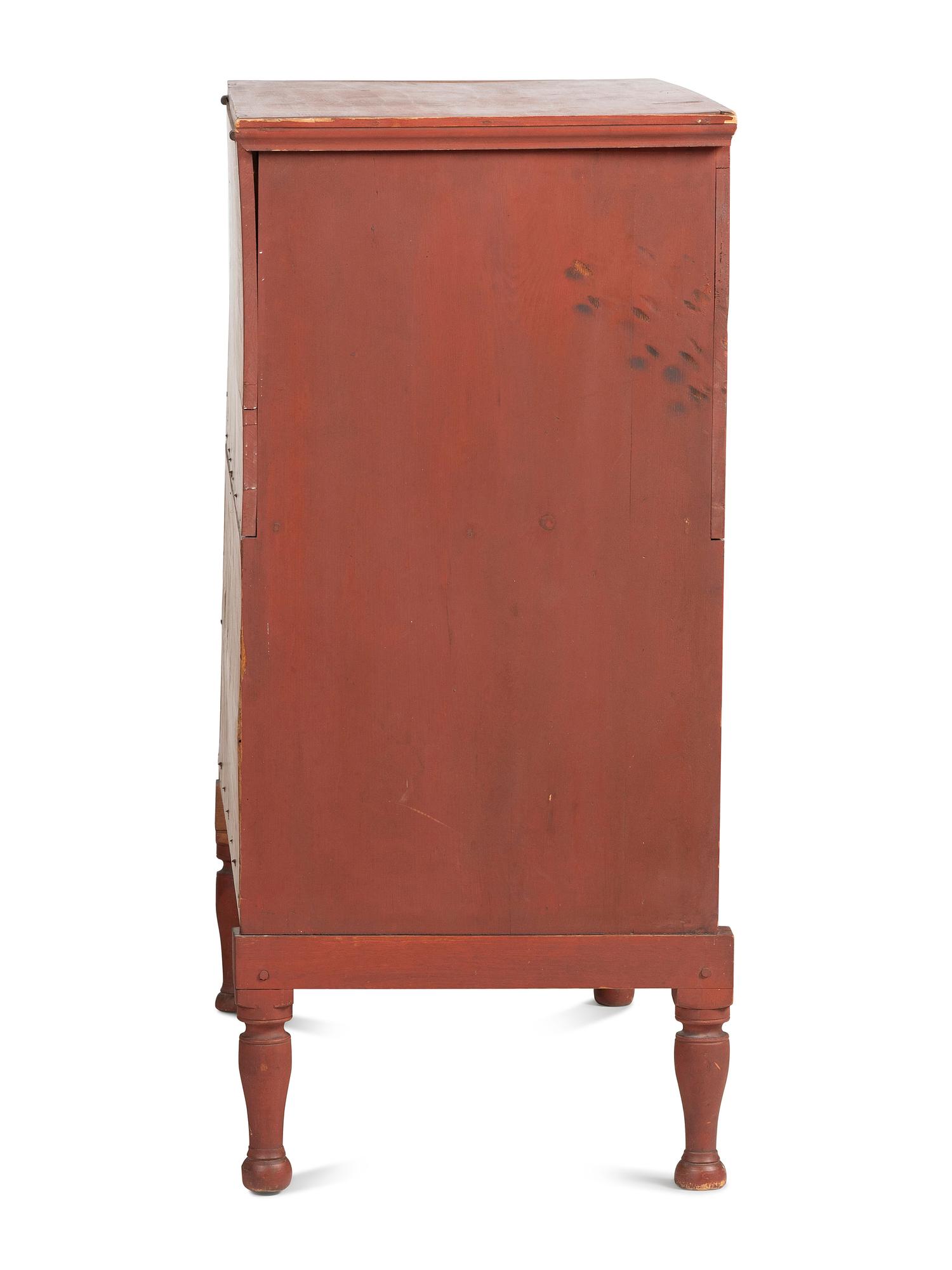 A Country Federal Red Painted Pine and Maple Two-Drawer Blanket Chest