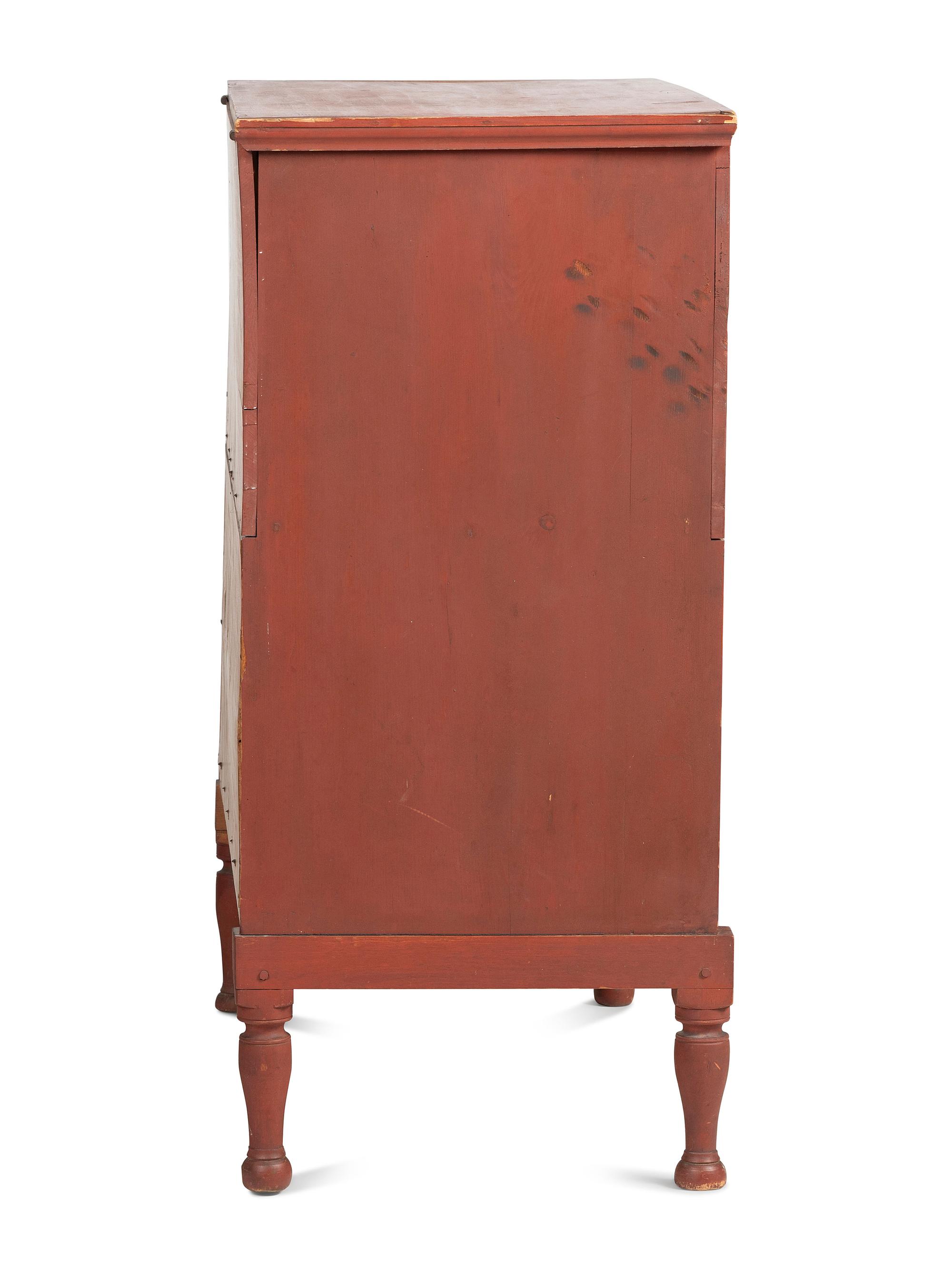 A Country Federal Red Painted Pine and Maple Two-Drawer Blanket Chest