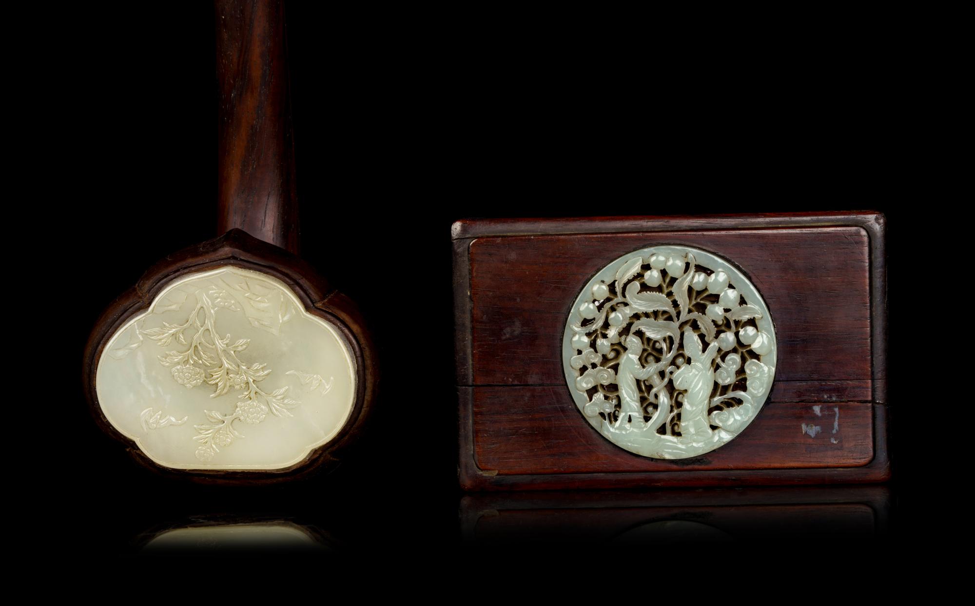 Two Chinese Jade Inset Wood Articles