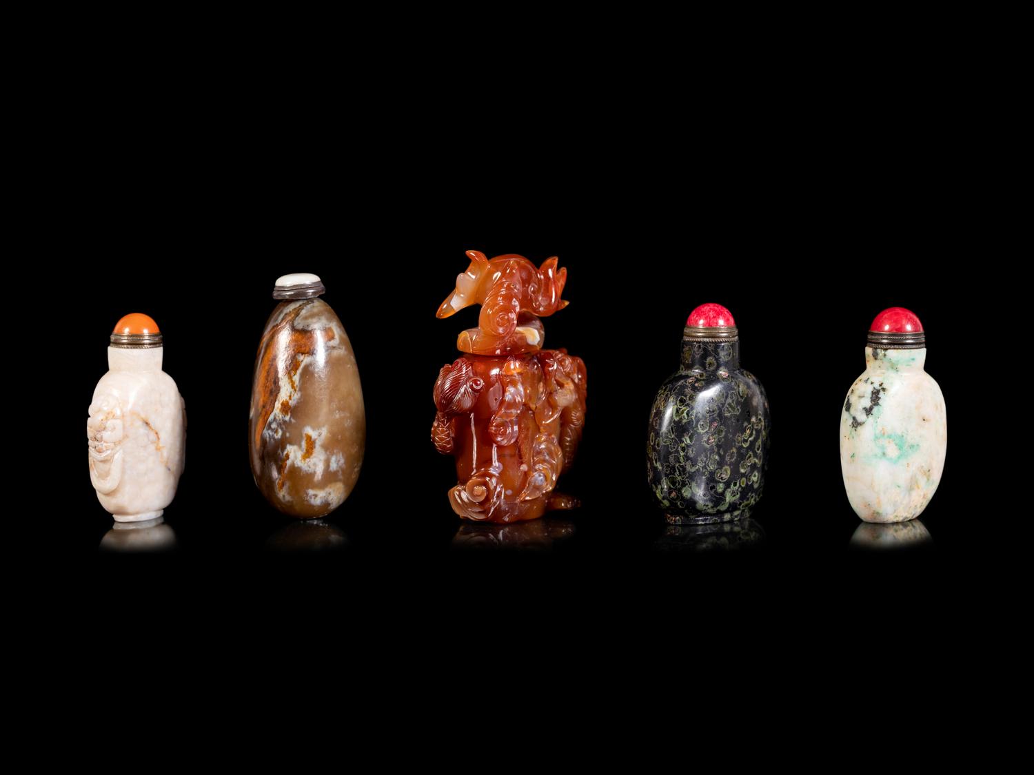 Five Chinese Hardstone Snuff Bottles
