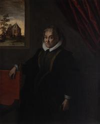 Italian School, 17th century — Portrait of a Lady said to be Tomassina Balbi, aged 84, Three-Quarter-Length, in a Headdress and Grey Dress, Standing by a Red Chair, Before a Window, a Church Beyond , 1629