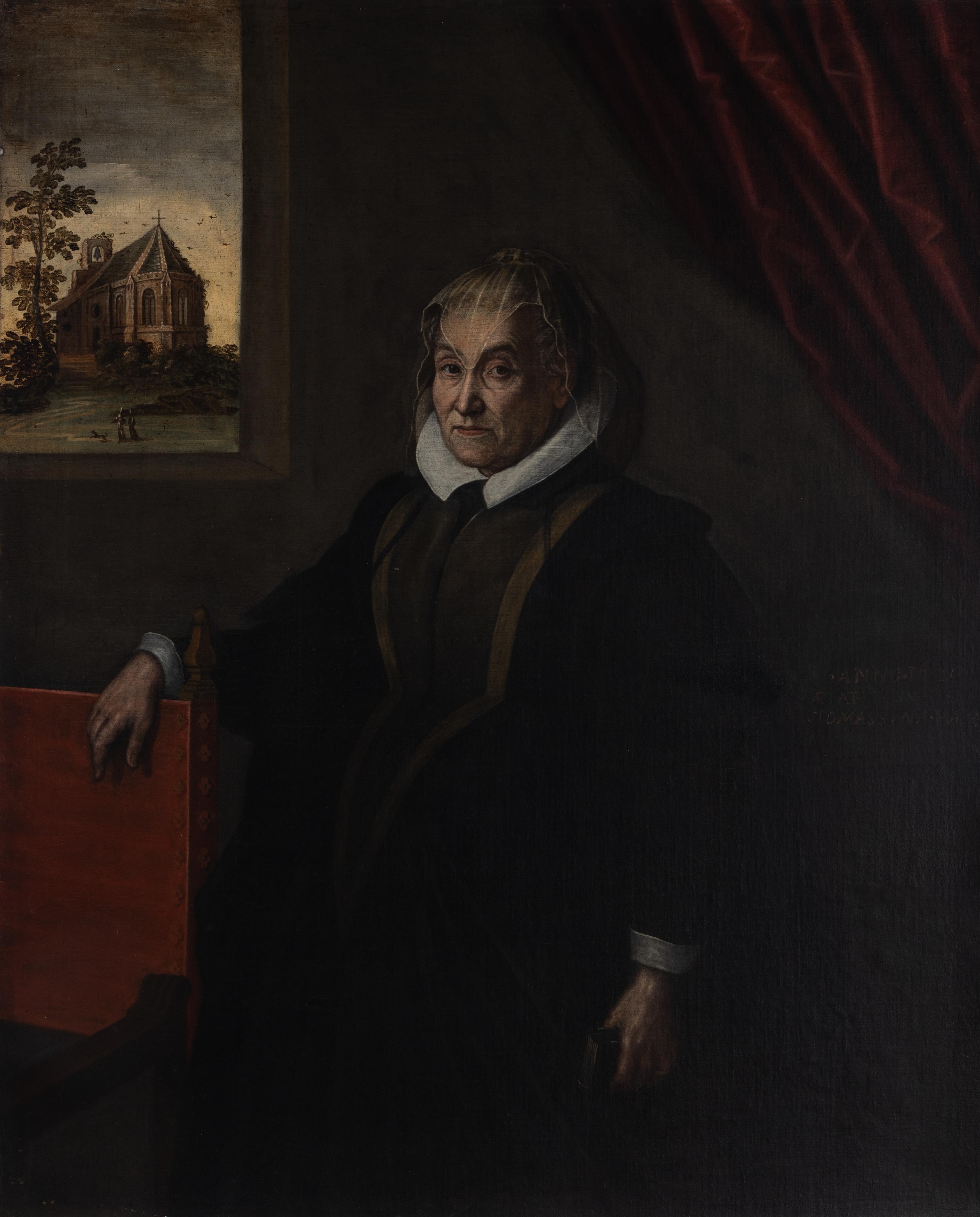 Italian School, 17th century — Portrait of a Lady said to be Tomassina Balbi, aged 84, Three-Quarter-Length, in a Headdress and Grey Dress, Standing by a Red Chair, Before a Window, a Church Beyond , 1629