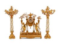 A Louis XV Style Gilt Bronze, Porcelain and Cut Glass Clock Garniture