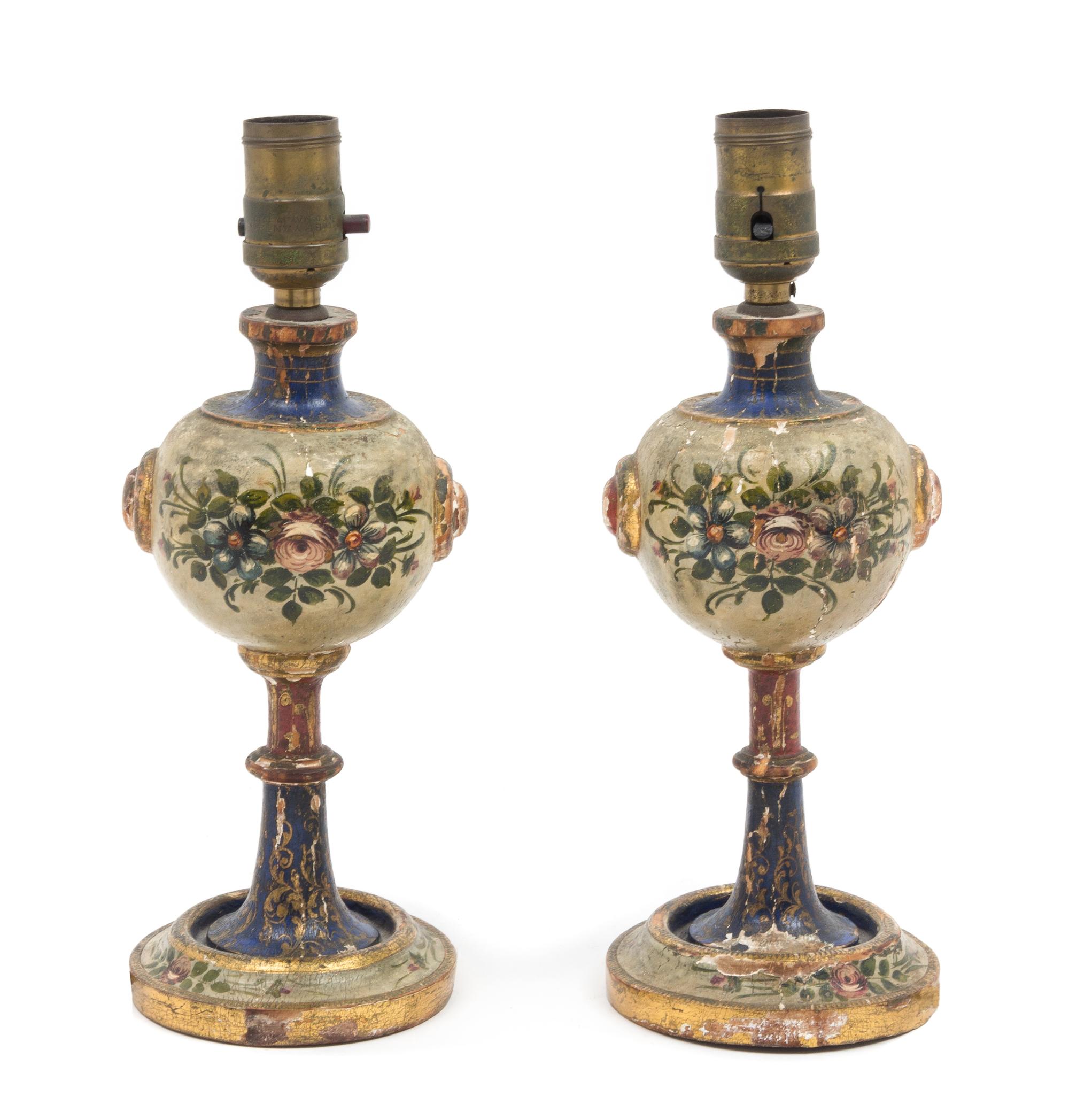 A Pair of Painted Wood Lamps Height 11 7/8 inches. — EARLY 20TH CENTURY