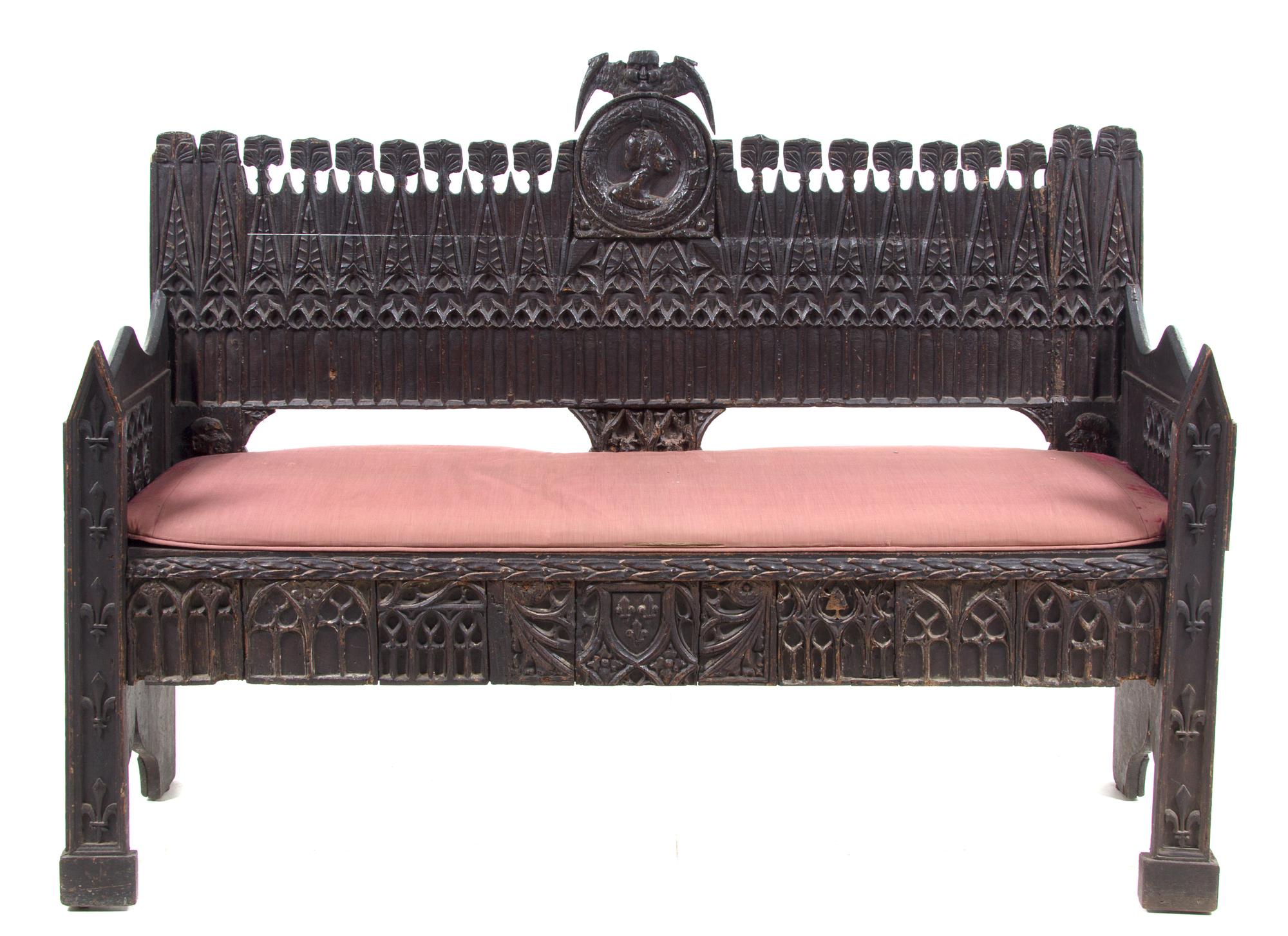 A Gothic Revival Oak Bench Width 59 1/2 inches. — 19TH CENTURY WITH EARLIER ELEMENTS