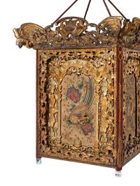 A Chinese Export Giltwood and Silk Needlework Mounted Hall Lantern