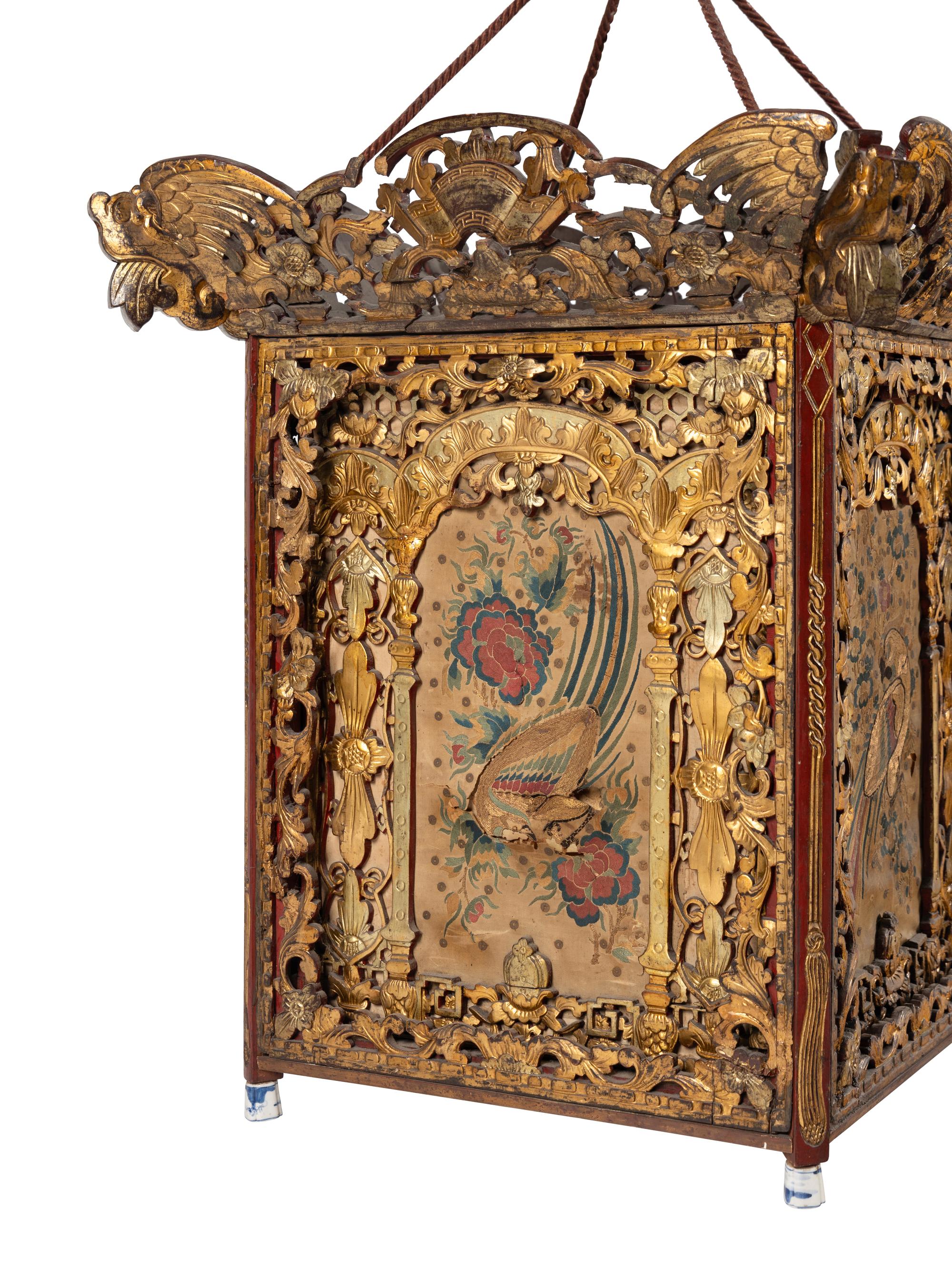 A Chinese Export Giltwood and Silk Needlework Mounted Hall Lantern
