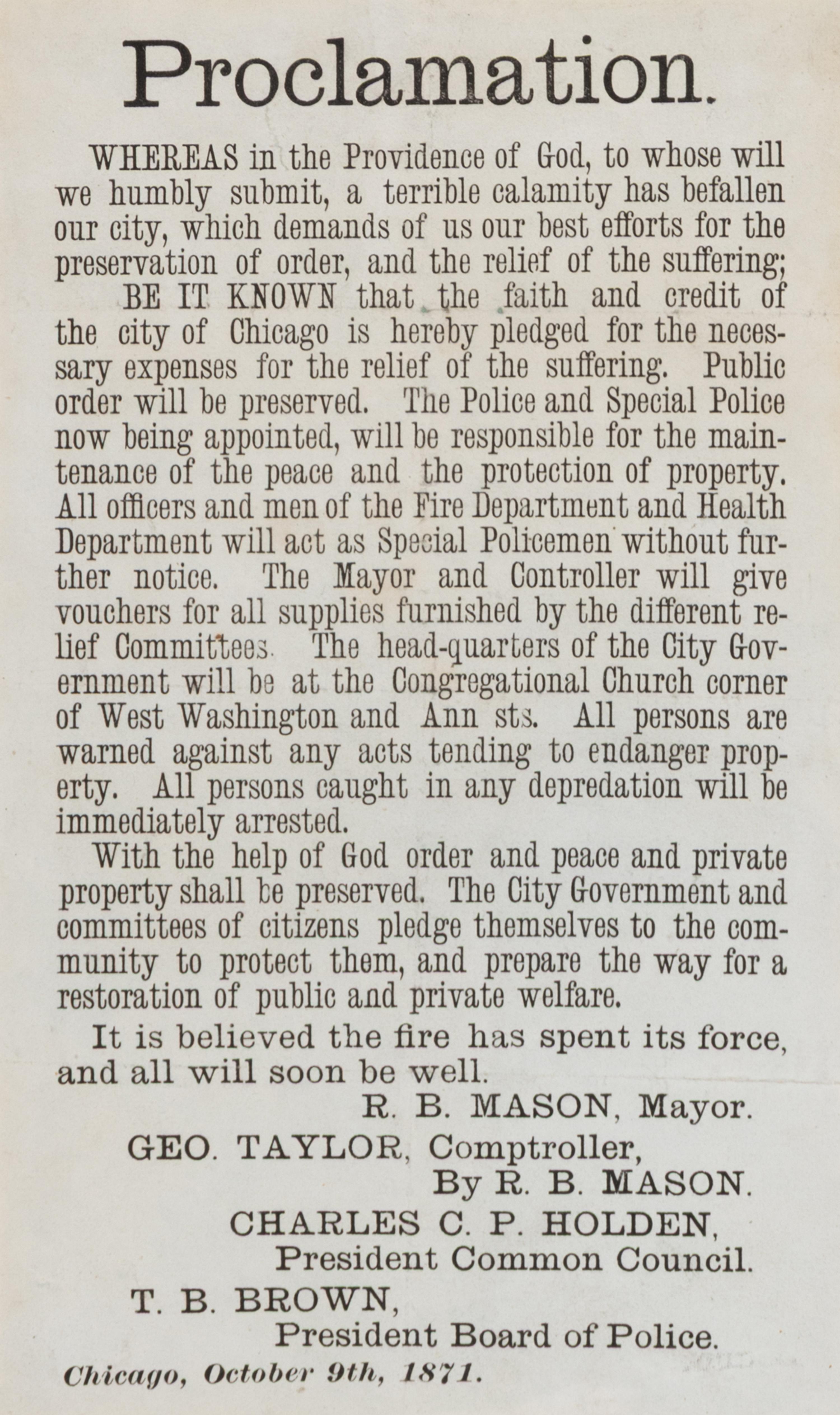 [Chicago Fire]. Proclamation. Chicago, IL: R.B. Mason, Mayor, 9 October 1871.