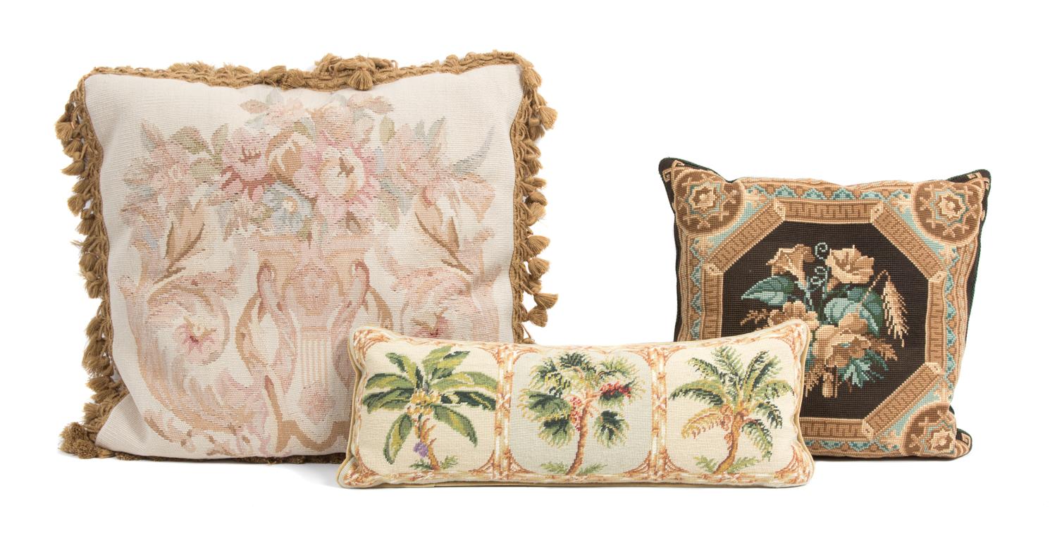 Three Needlepoint Pillows Largest 20 inches square. — 20TH CENTURY