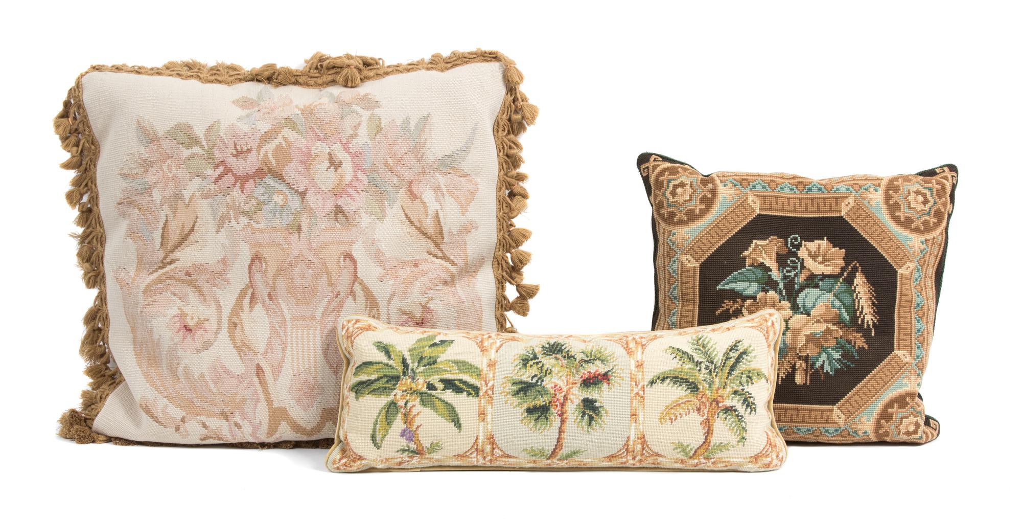 Three Needlepoint Pillows Largest 20 inches square. — 20TH CENTURY