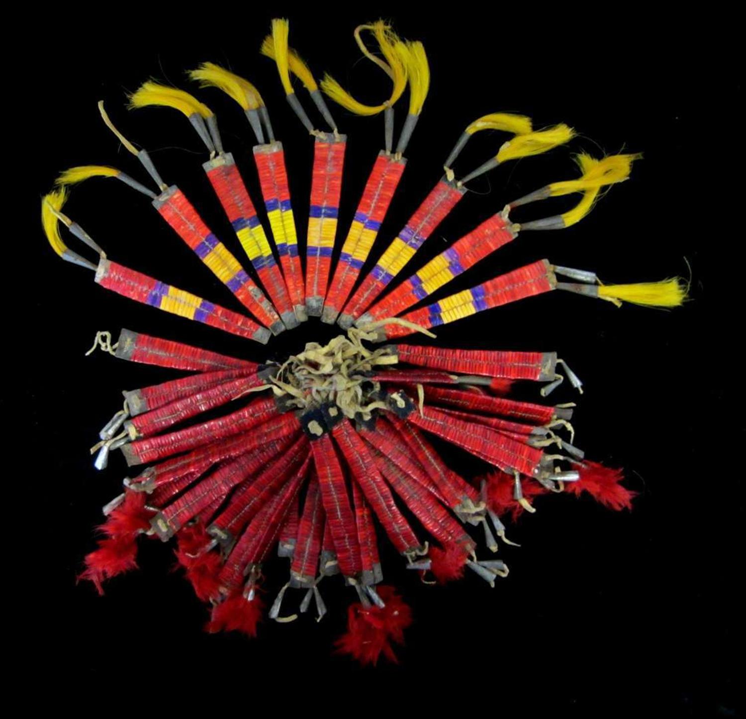 Canvas teepee and group of quilled hide teepee decorations first half 19th century