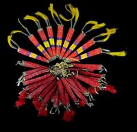 Canvas teepee and group of quilled hide teepee decorations first half 19th century