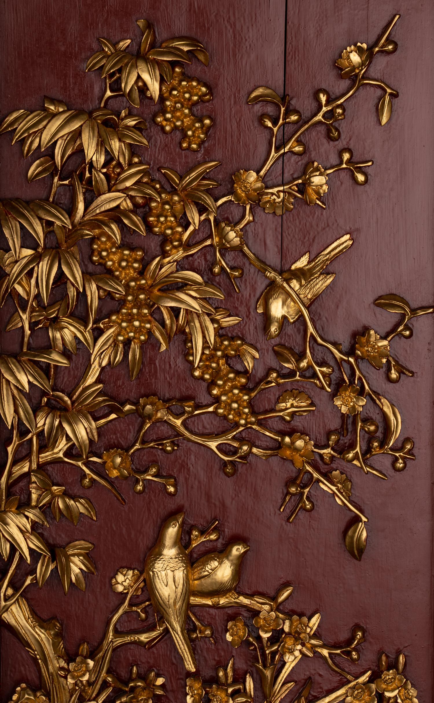 A Pair of Chinese Gilt and Red Lacquered Wood Wall Panels