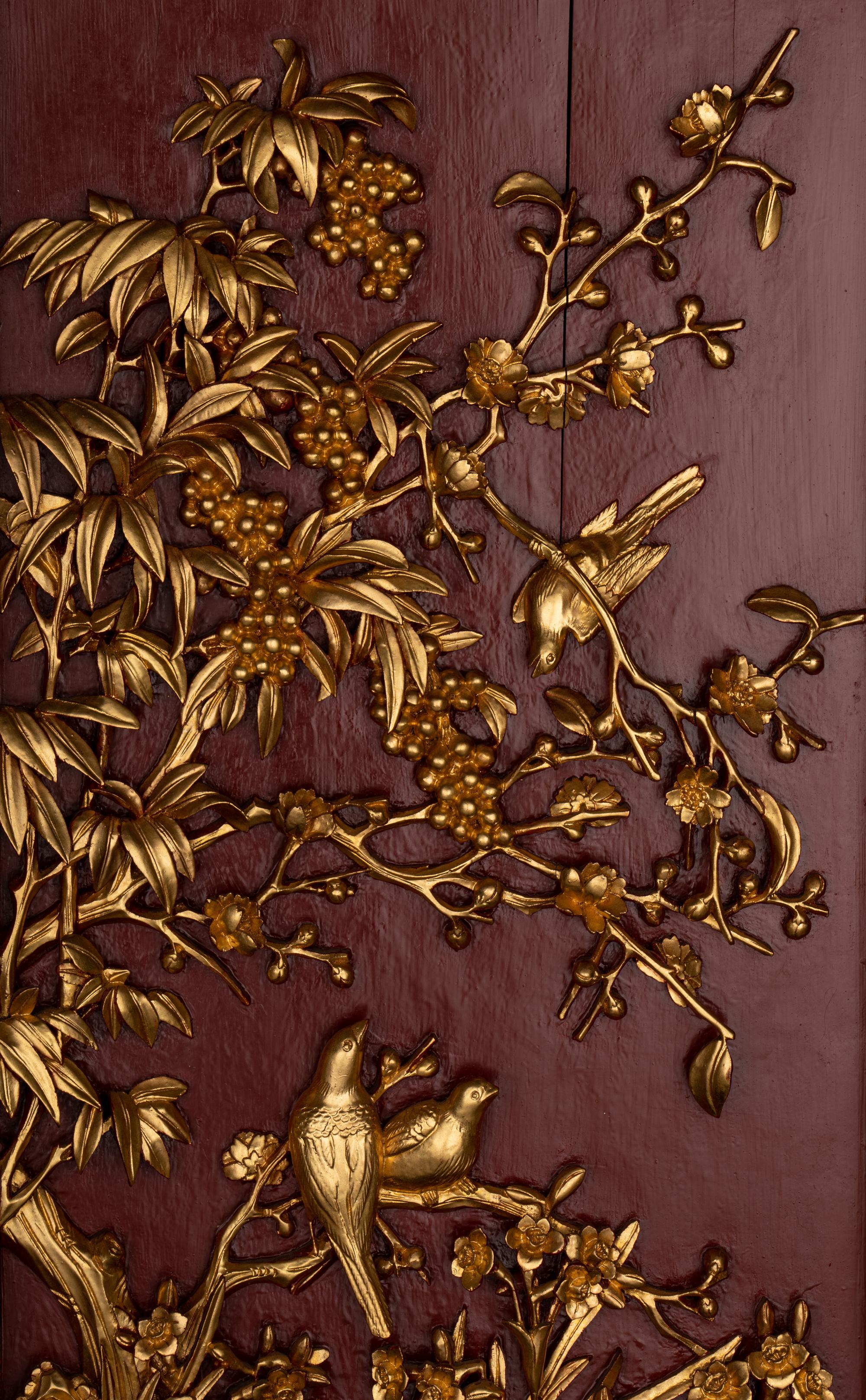 A Pair of Chinese Gilt and Red Lacquered Wood Wall Panels