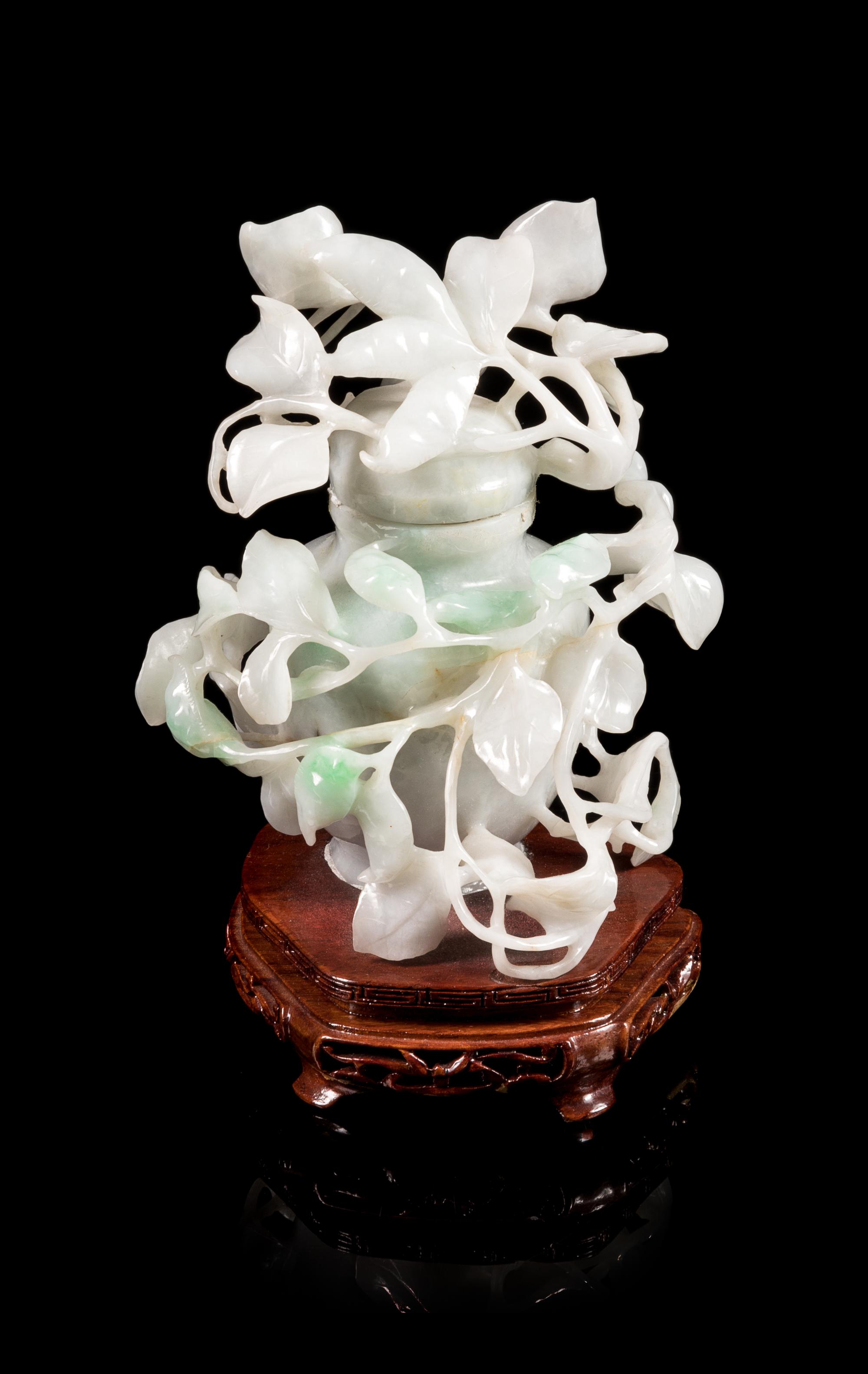 A Small Jadeite 'Floral' Covered Vase Height 4 1/2 inches. — 20TH CENTURY