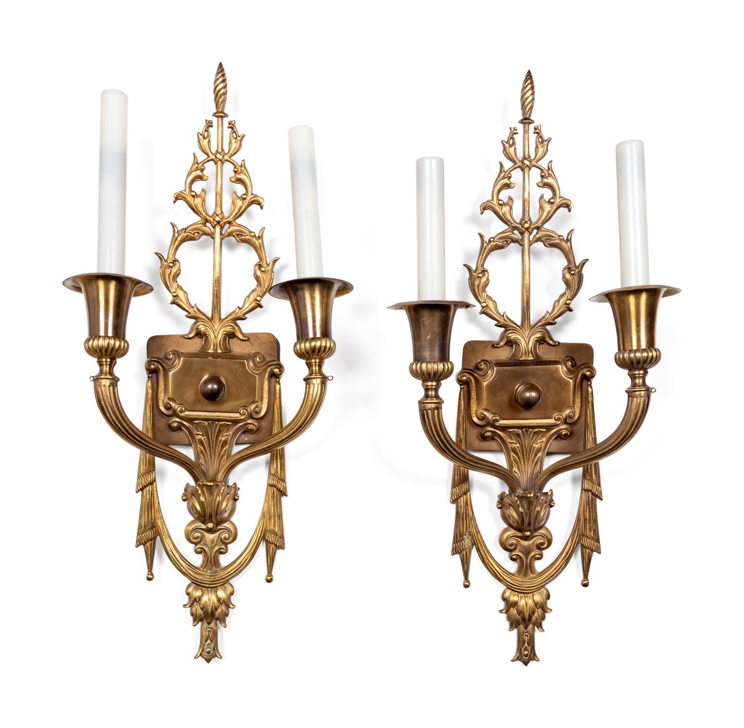 A Pair of Neoclassical Gilt Bronze Two-Light Sconces