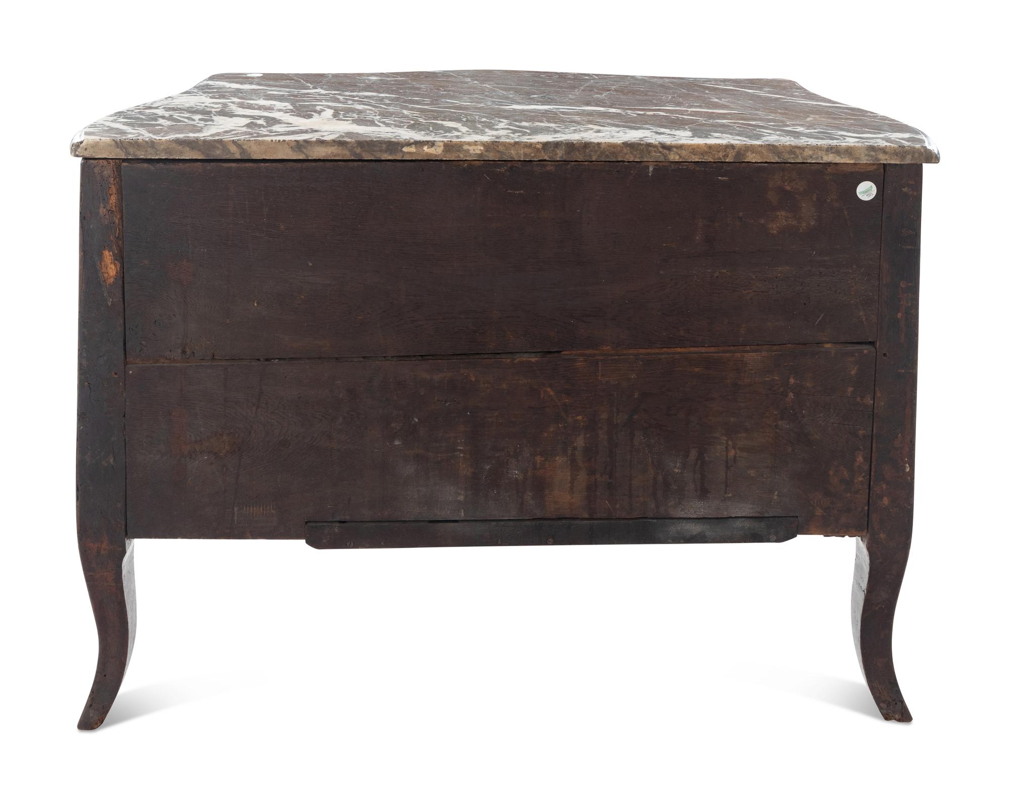 A Louis XV Style Gilt Bronze Mounted Marquetry Marble-Top Commode