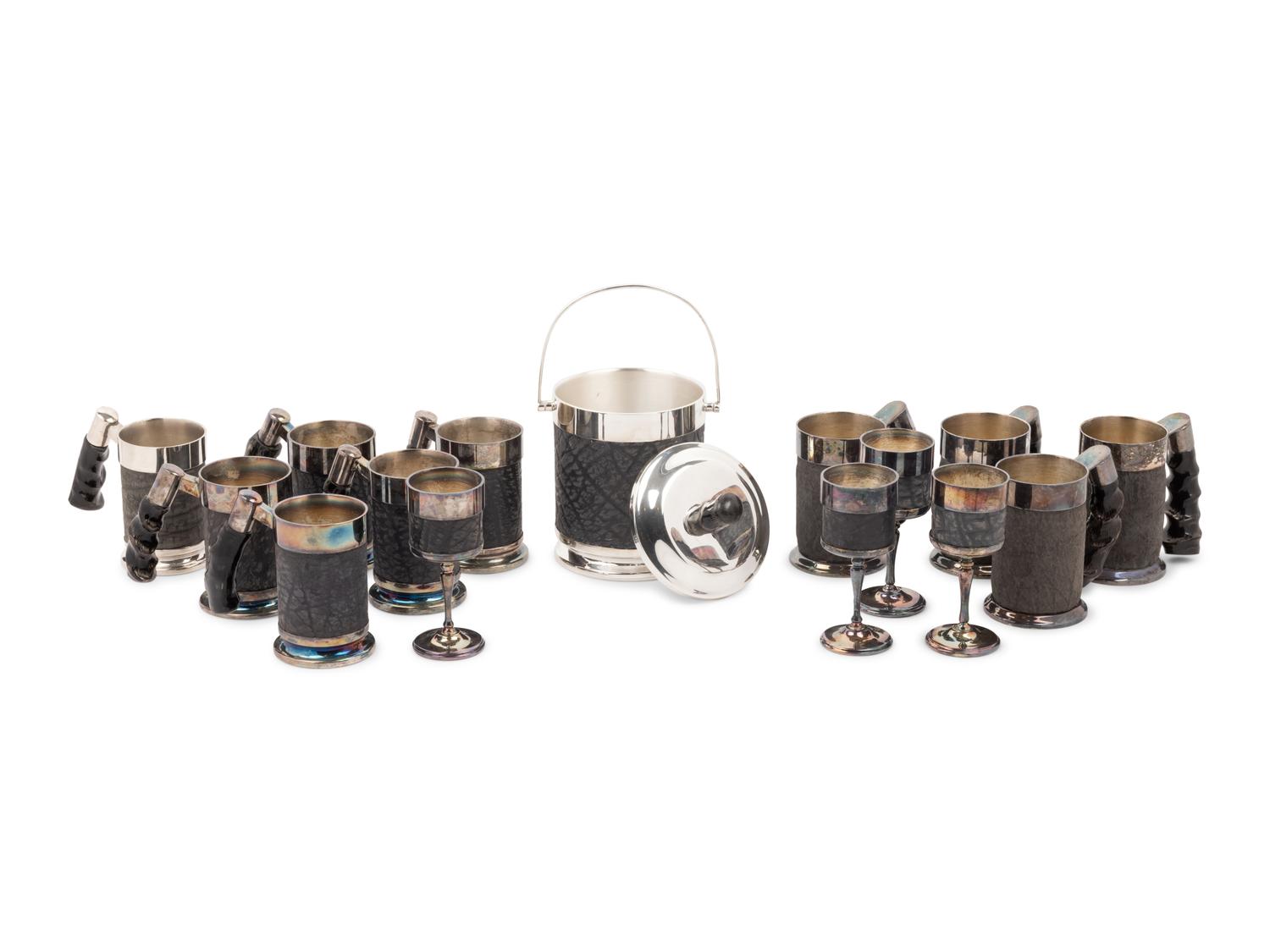 A Set of Silver-Plate and Hide Drinkware