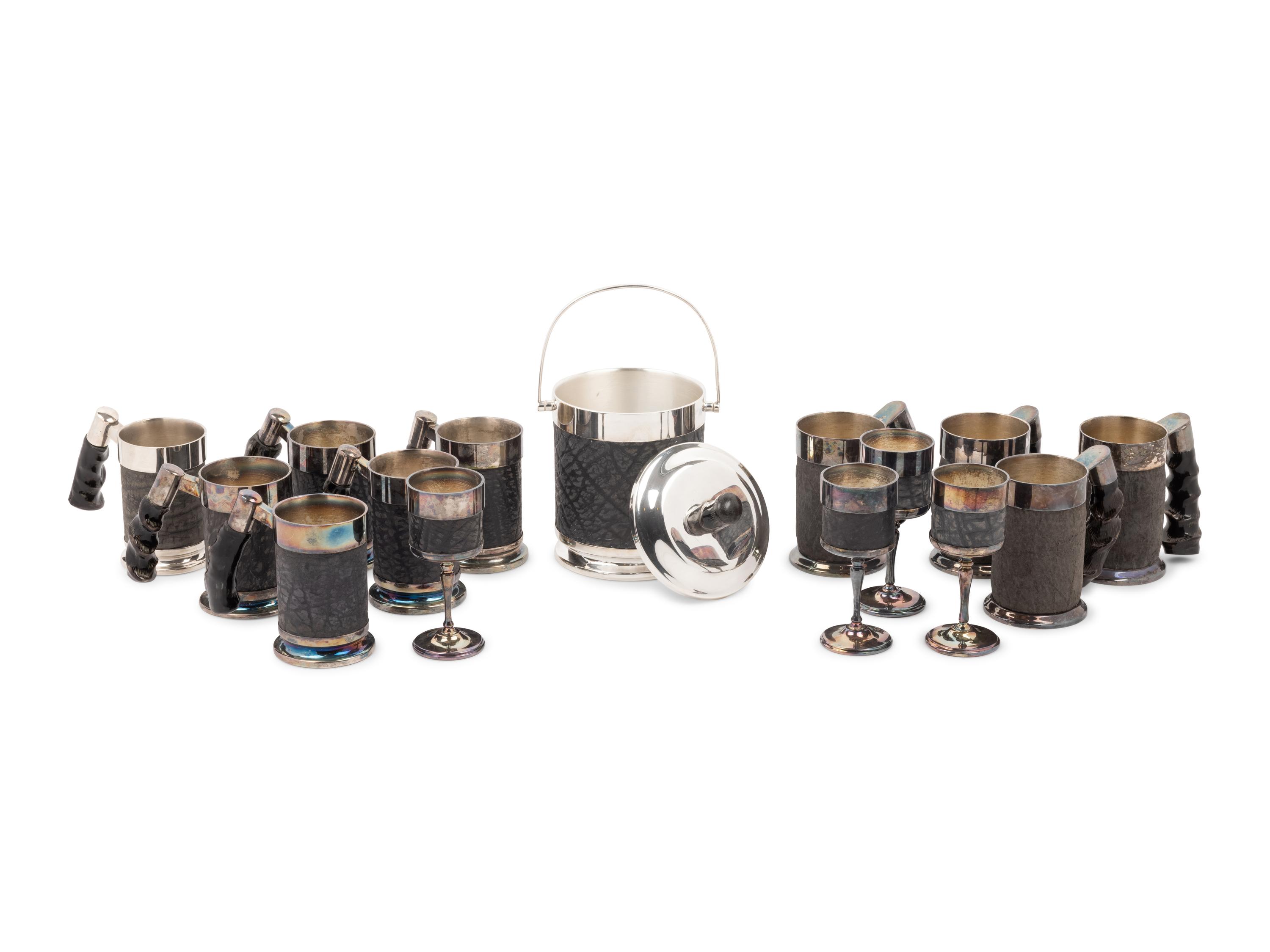 A Set of Silver-Plate and Hide Drinkware