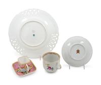 Two English Porcelain Teacup and Saucer Sets and a Coalport Porcelain Plate