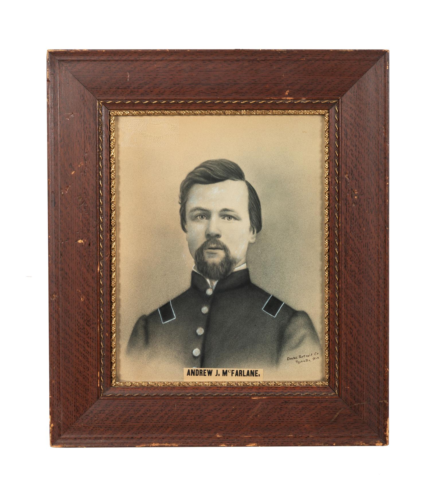 [CIVIL WAR]. A group of 2 charcoal portraits, incl. 1st Lieutenant Andrew McFarlane, Co. K, 23rd Wisconsin Infantry, DOW Vicksburg.