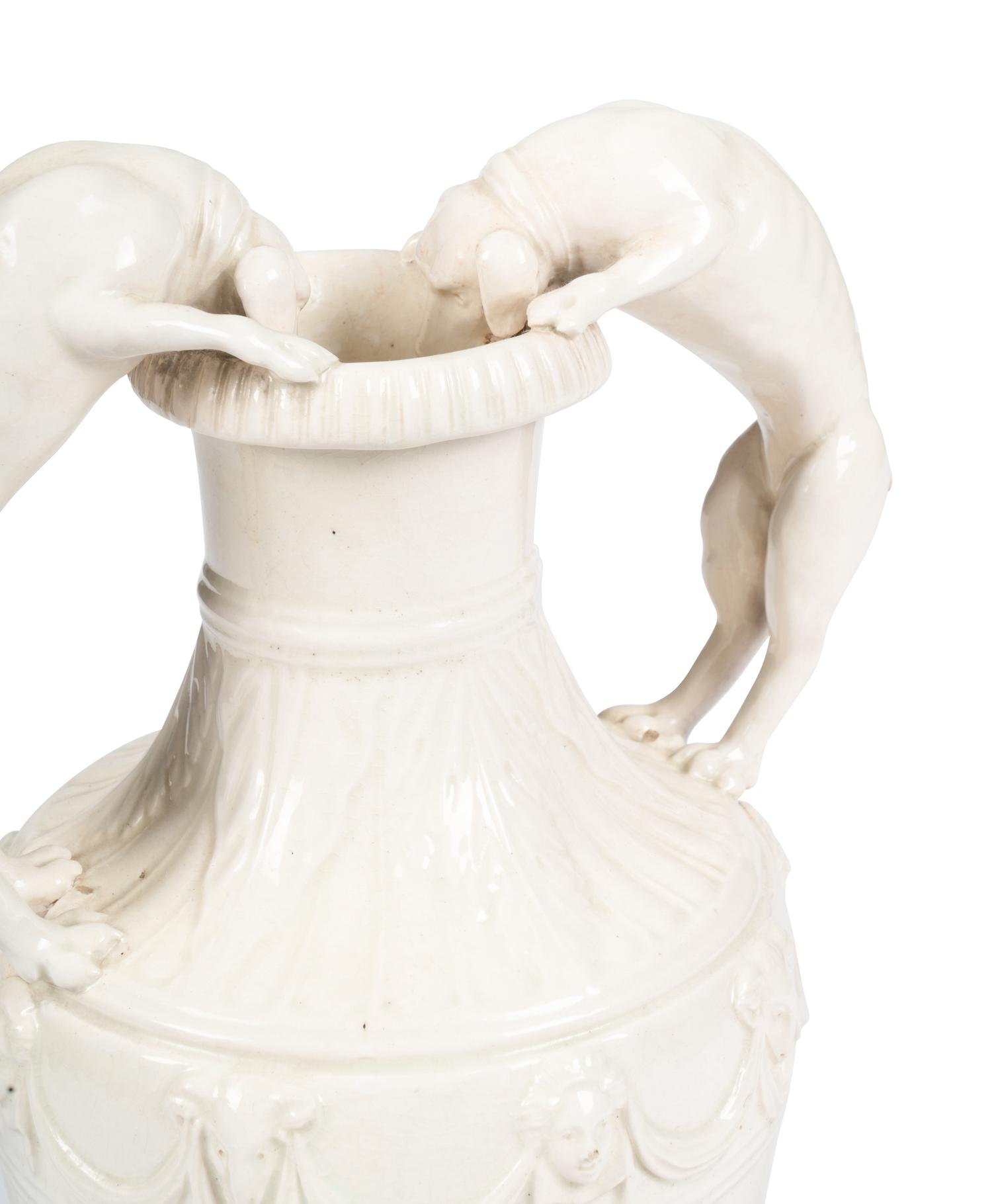 An English Creamware Vase With Dog Handles