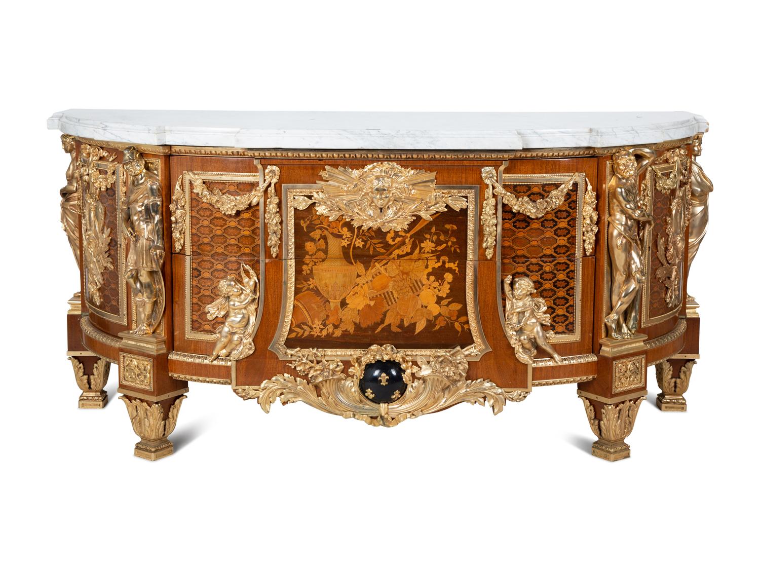 A Louis XVI Style Gilt Bronze Mounted Marquetry Marble-Top Commode After the Model by Jean-Henri Riesener — FIRST HALF 20TH CENTURY