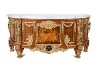A Louis XVI Style Gilt Bronze Mounted Marquetry Marble-Top Commode After the Model by Jean-Henri Riesener — FIRST HALF 20TH CENTURY