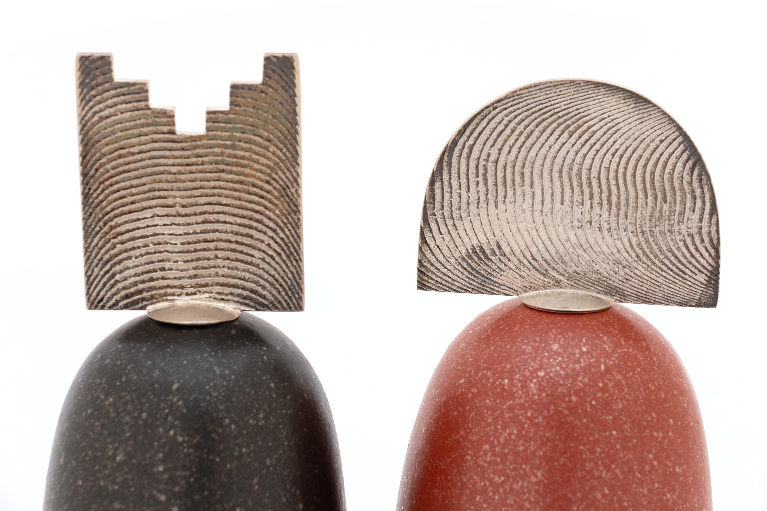 Black and Red Micaceous Pottery Jars, with Cast Silver Tabletas