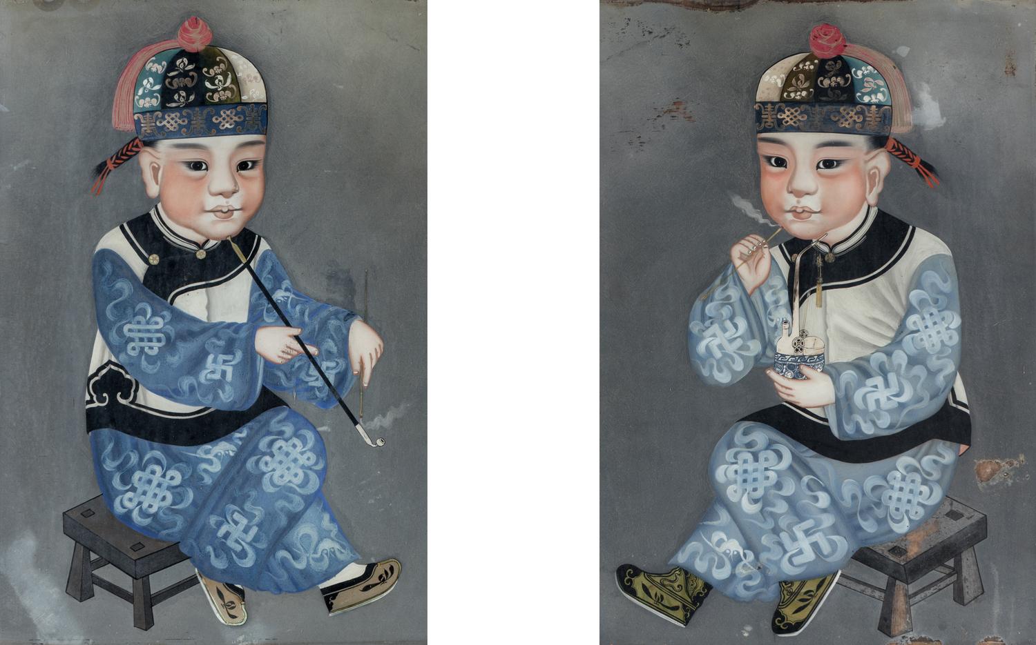 A Pair of Chinese Reverse-Painted Glass Pictures