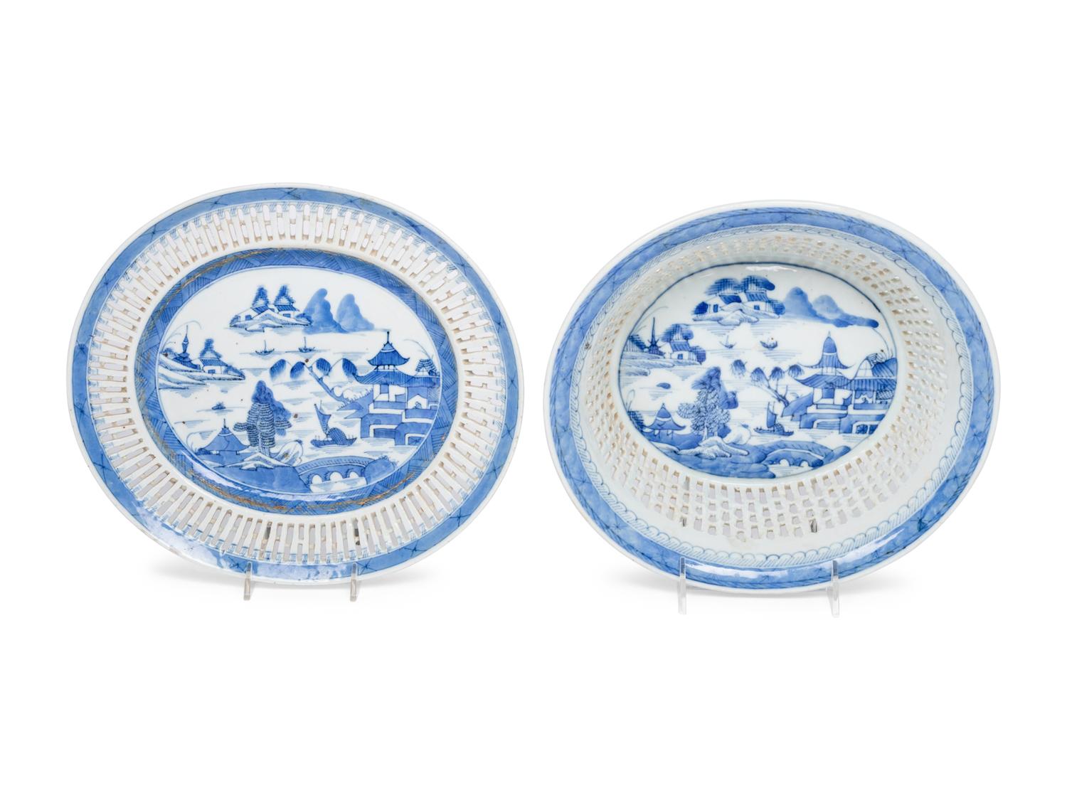A Canton Blue and White Porcelain Reticulated Basket and Underplate