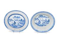 A Canton Blue and White Porcelain Reticulated Basket and Underplate