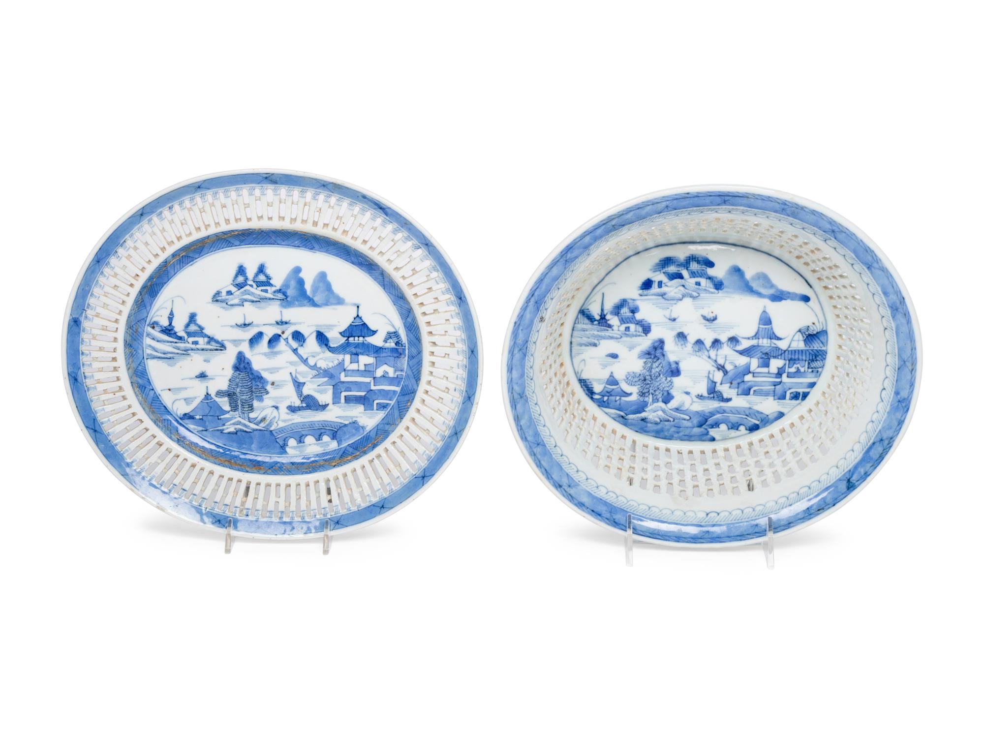 A Canton Blue and White Porcelain Reticulated Basket and Underplate