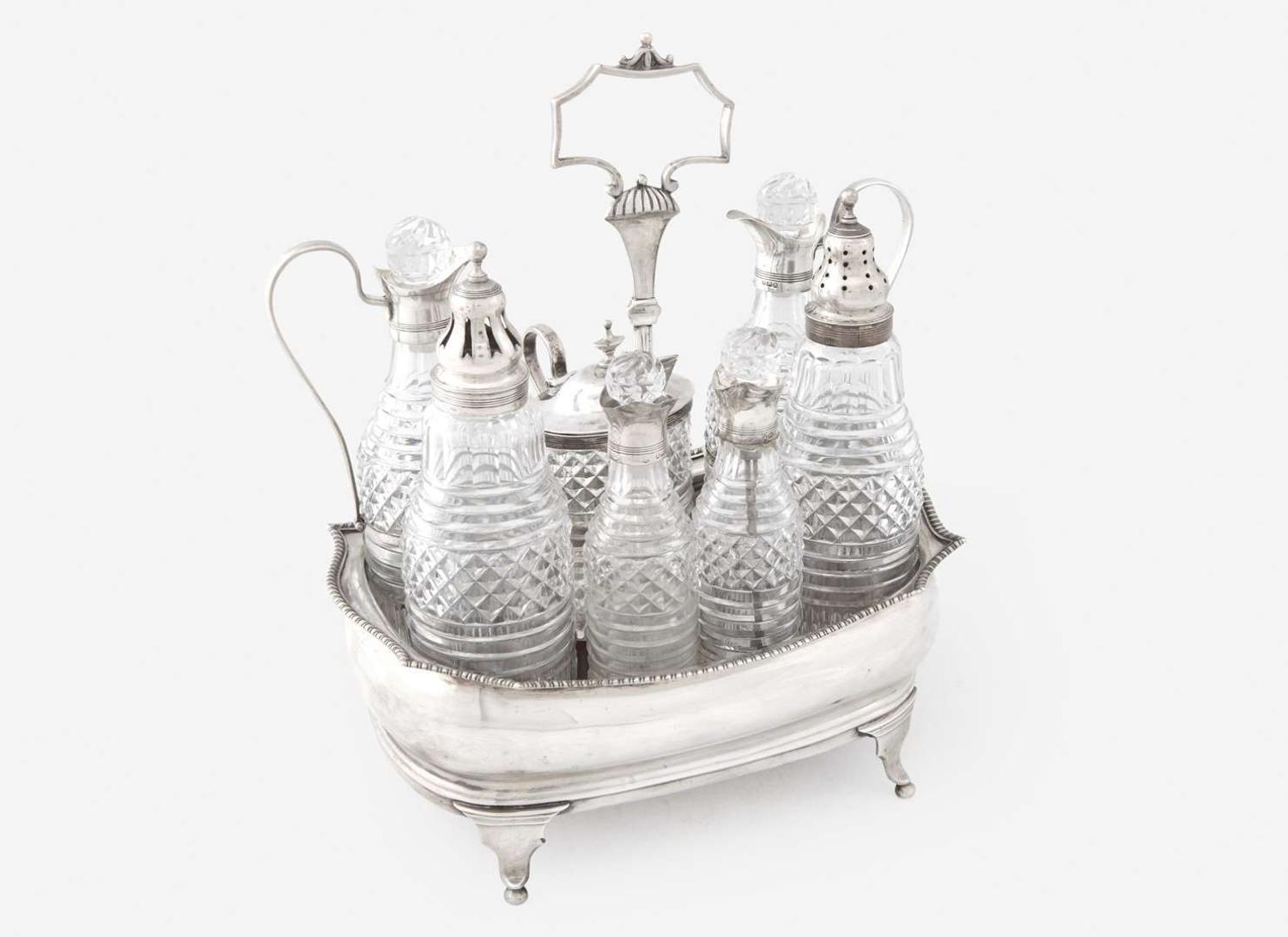 A George III sterling silver-mounted glass cruet set, Charles Chesterman II, London, 1812