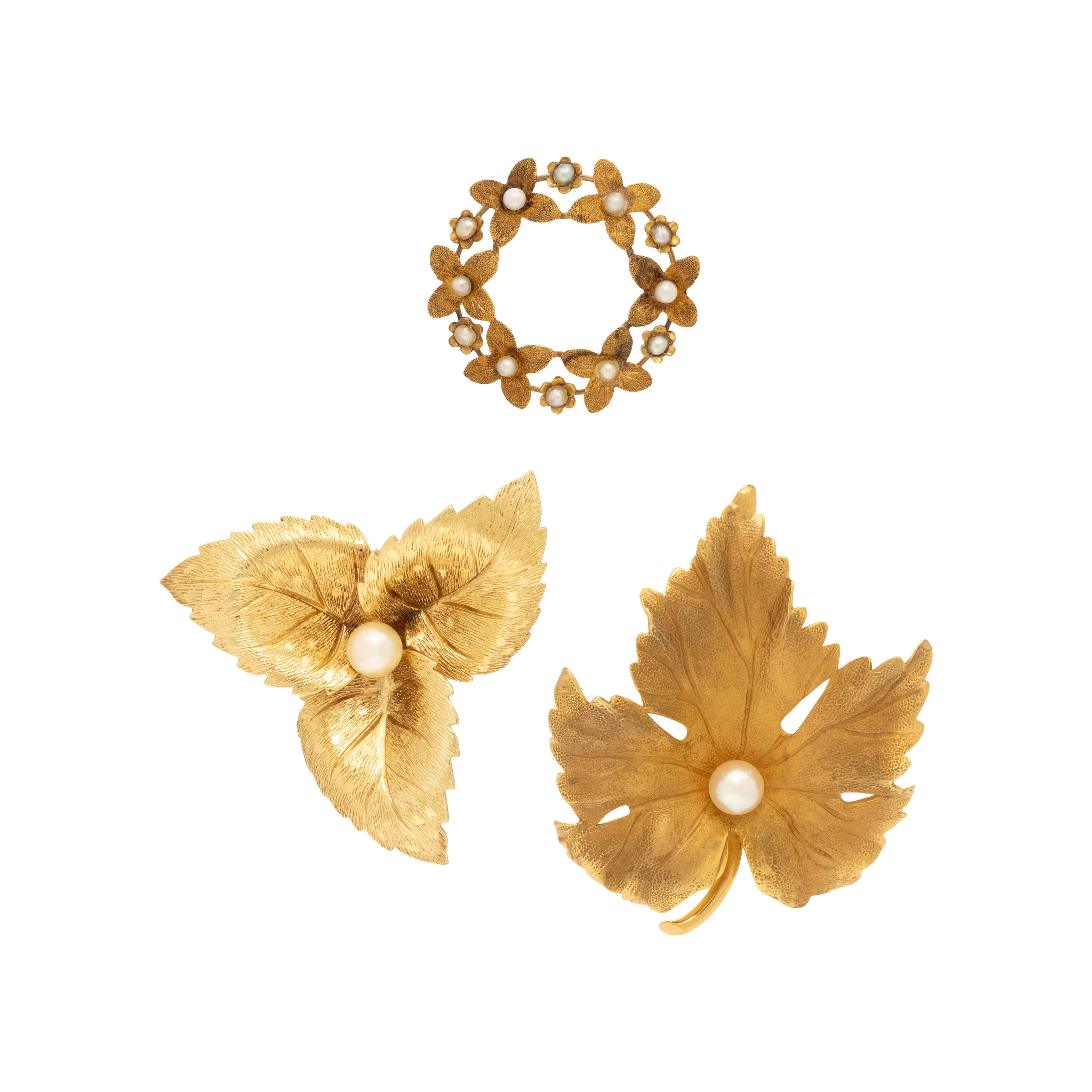 Three Cultured Pearl and Yellow Gold Foliate Brooches