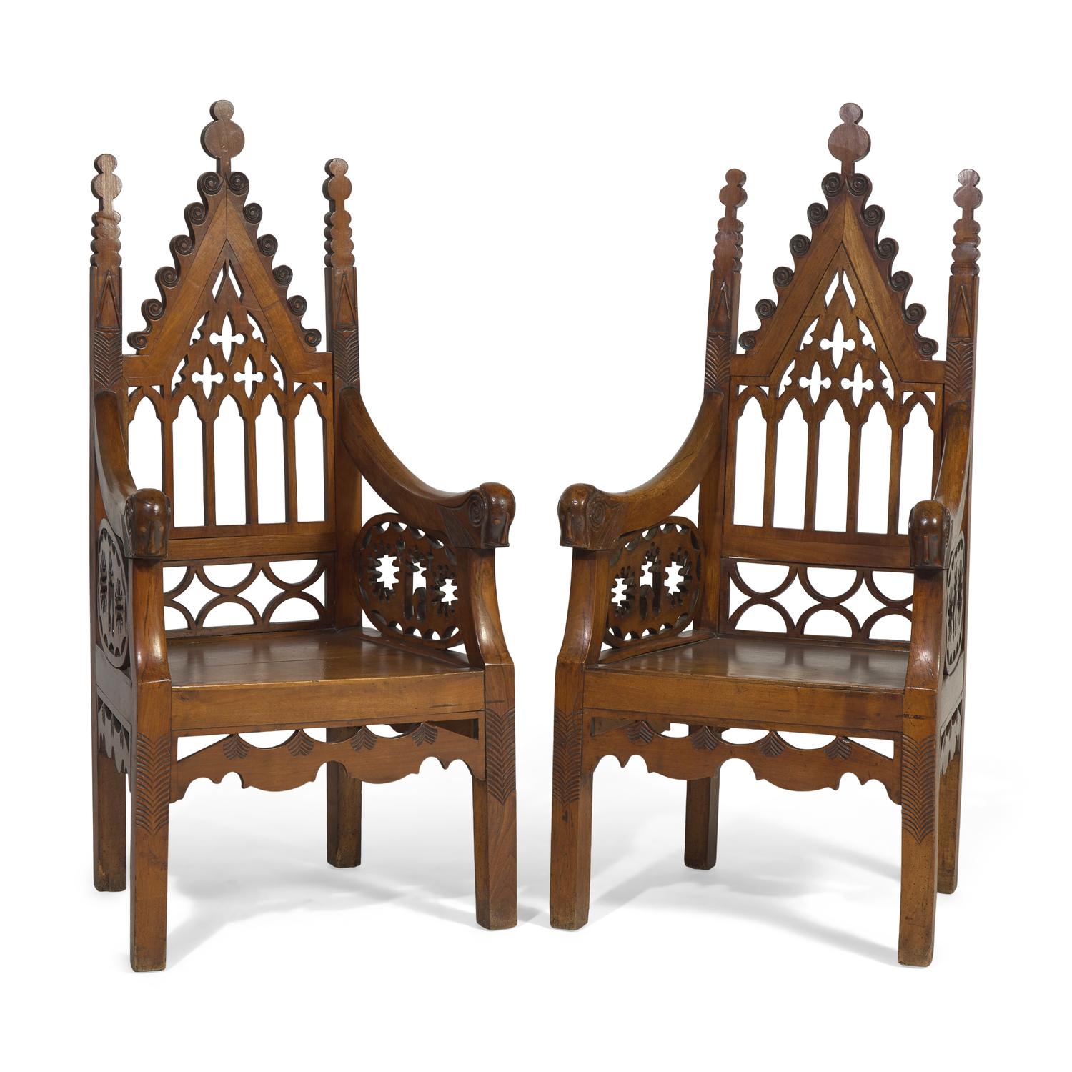 A Pair of Gothic Revival Mahogany Armchairs