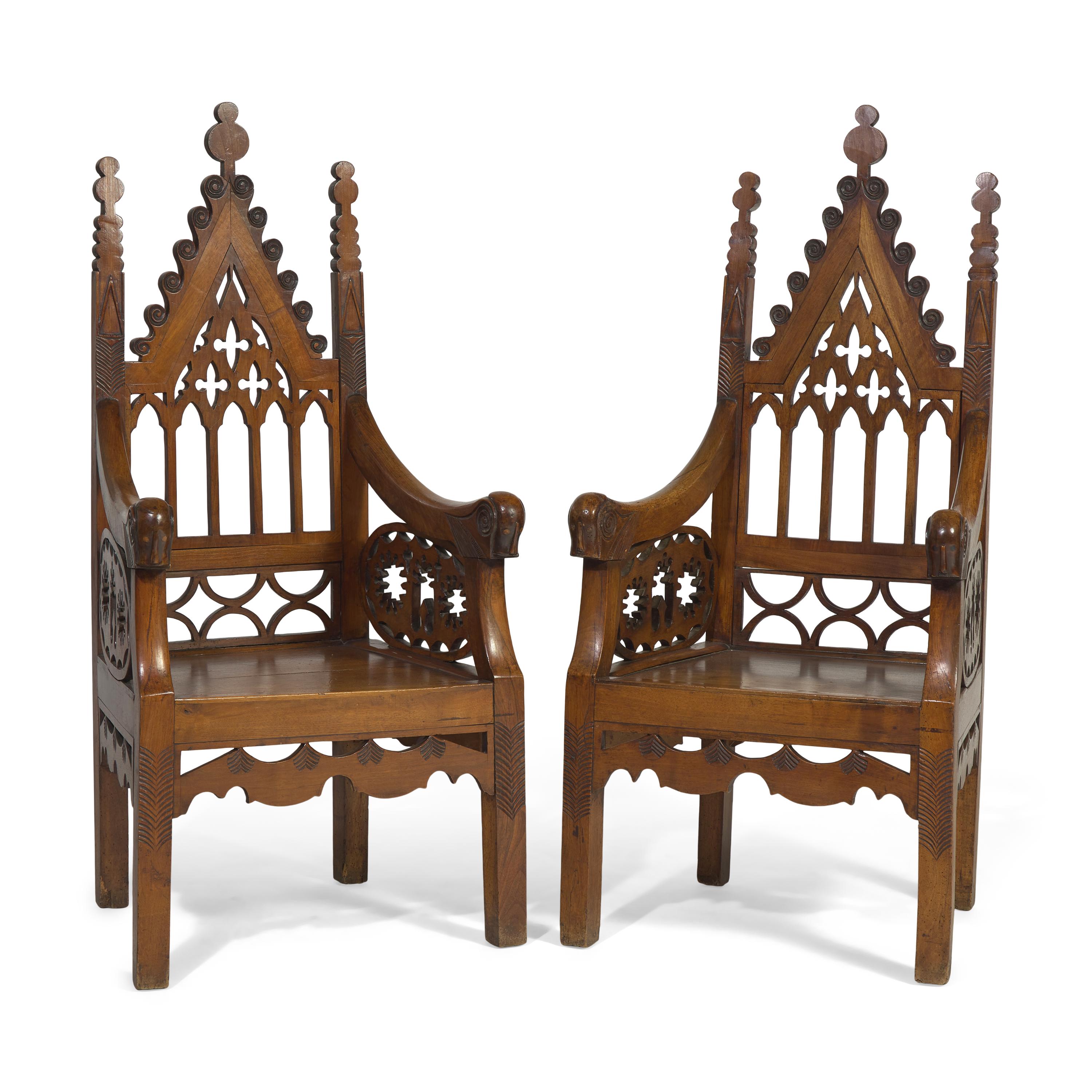 A Pair of Gothic Revival Mahogany Armchairs