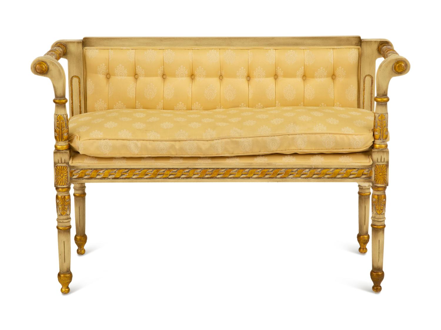 An Italian Style Louis XVI Style Painted and Parcel Gilt Settee