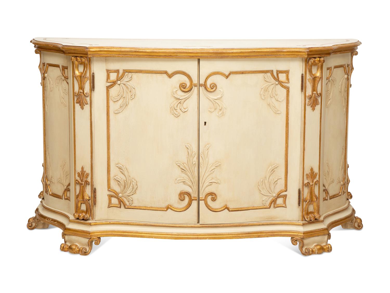 A Pair of Painted and Parcel Gilt Serpentine-Front Cabinets