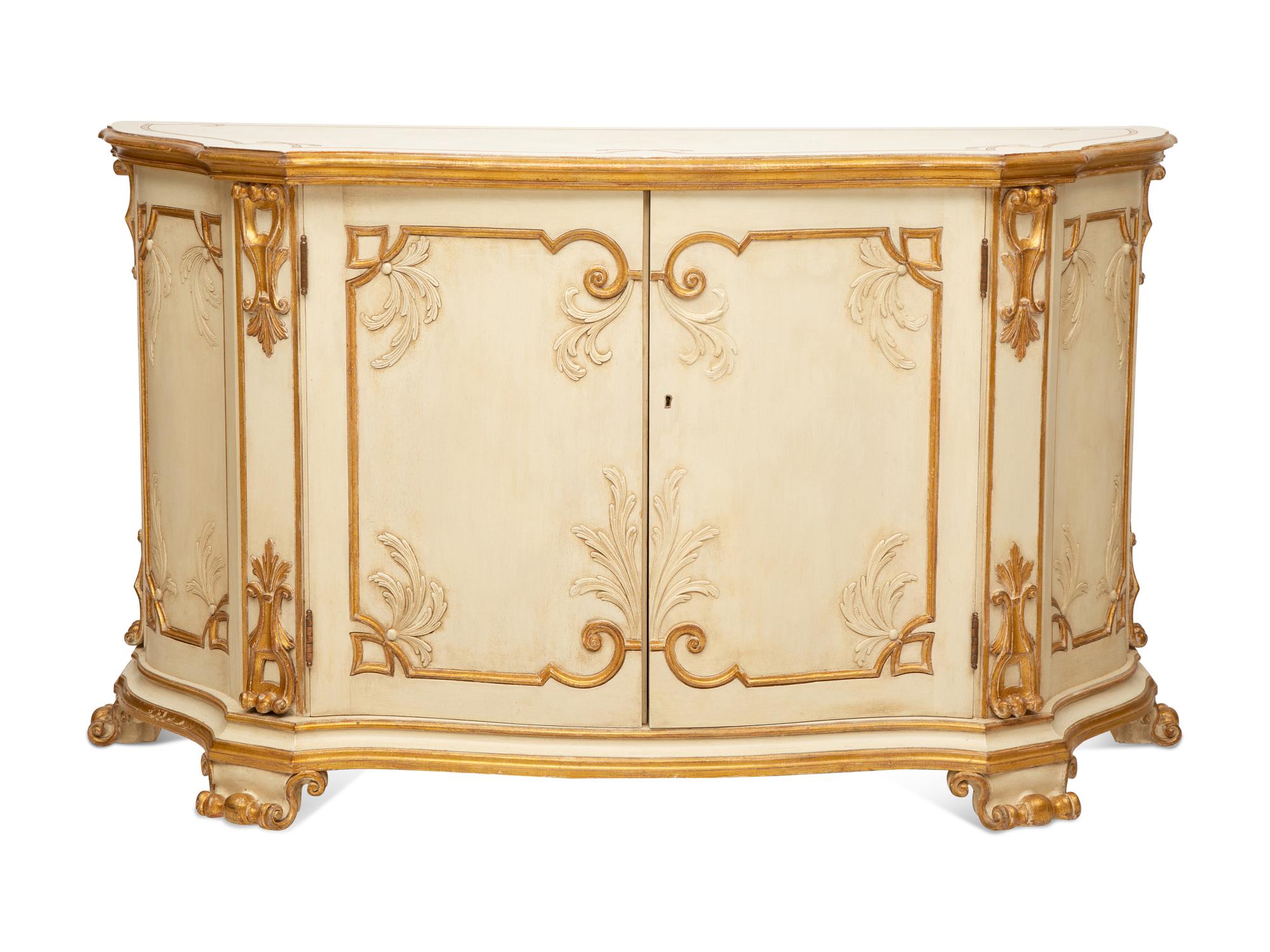A Pair of Painted and Parcel Gilt Serpentine-Front Cabinets