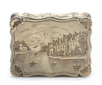 A Victorian Silver-Gilt Vinaigrette, Edward Smith, Birmingham, 1847, the lid decorated with a river scene, the underside centered by a