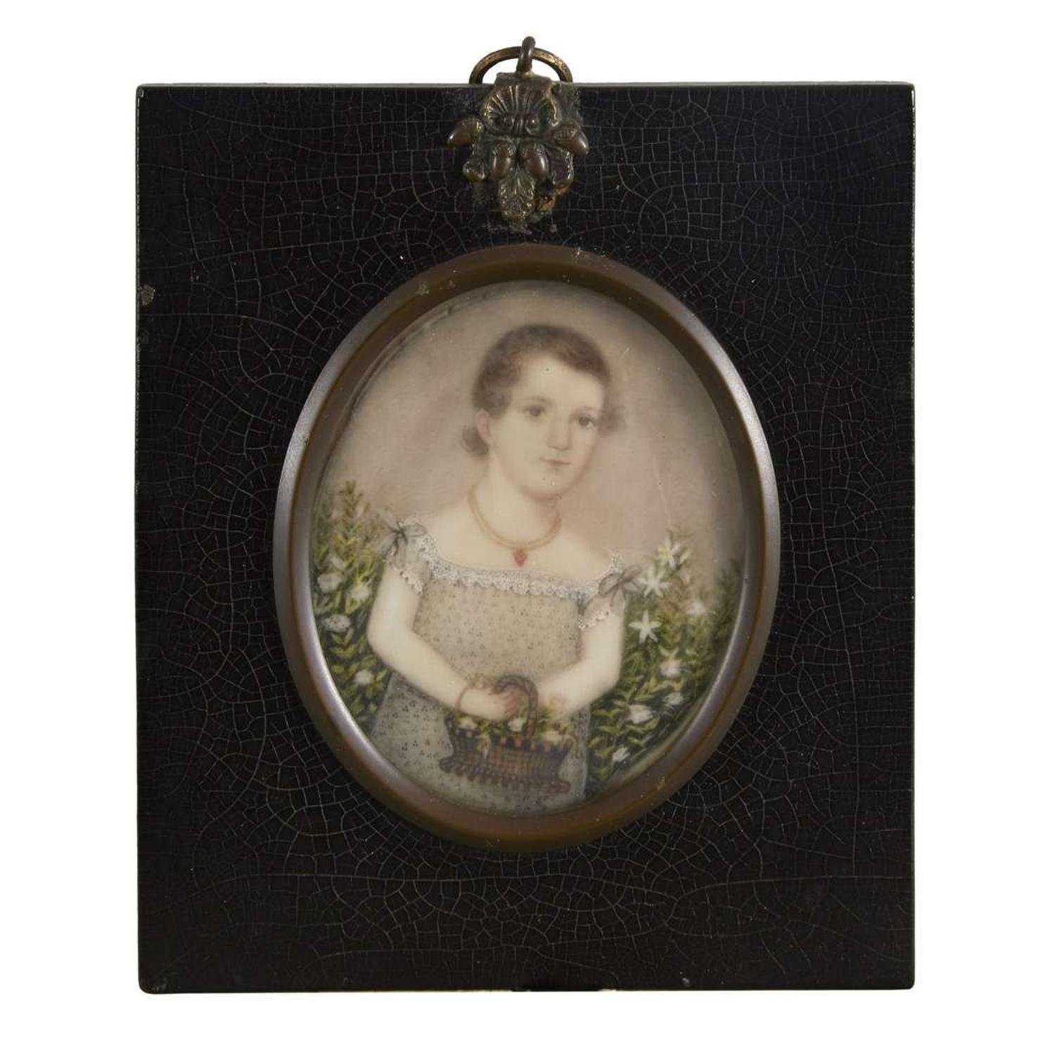 American School 19th century Portrait miniature of a little girl with basket of flowers, circa 1820