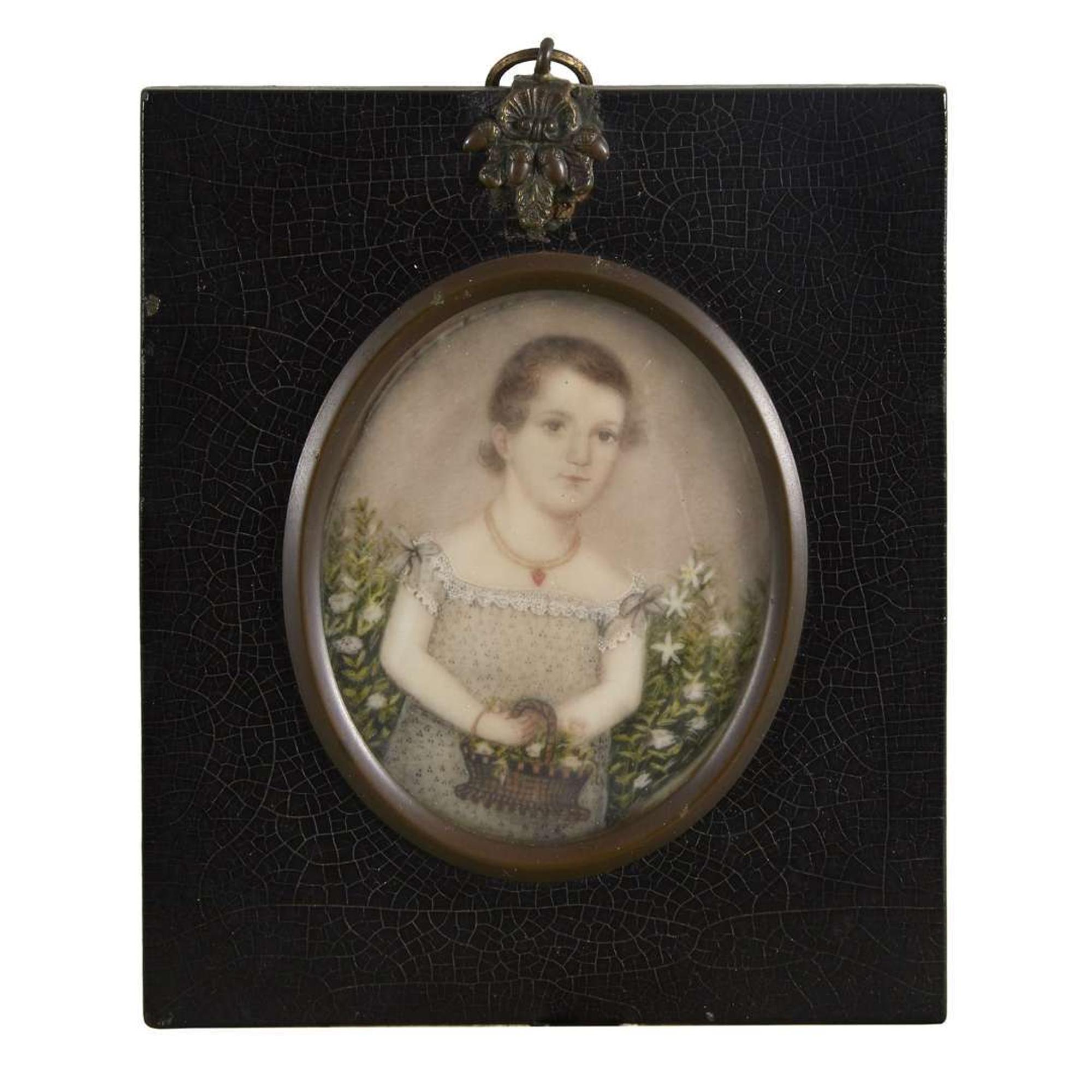 American School 19th century Portrait miniature of a little girl with basket of flowers, circa 1820