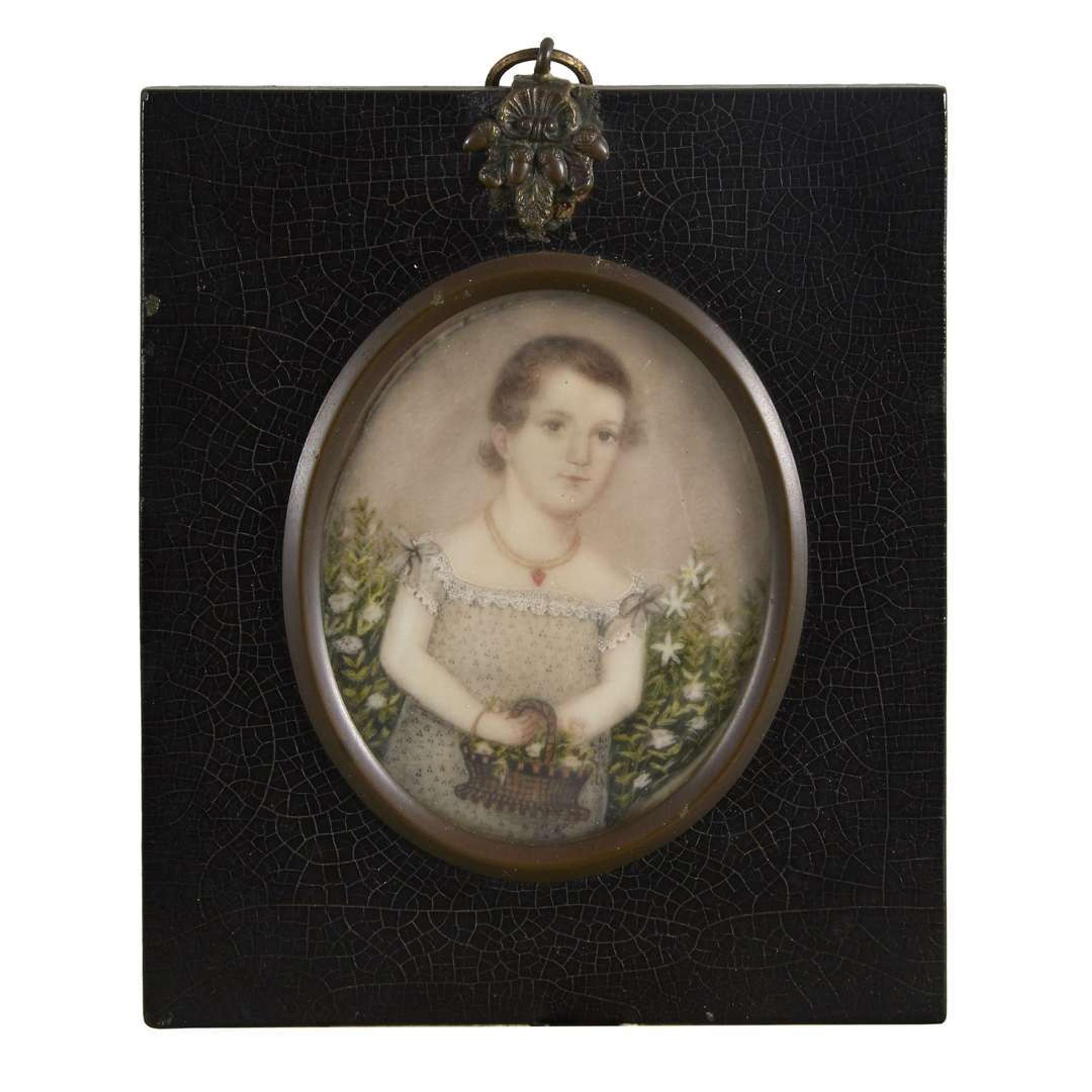American School 19th century Portrait miniature of a little girl with basket of flowers, circa 1820