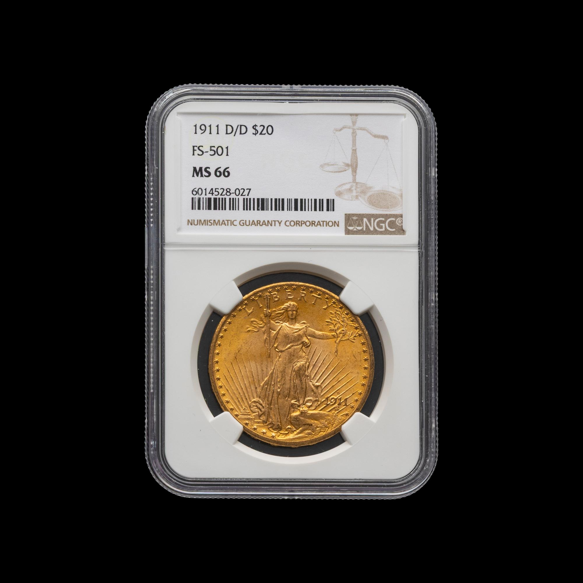 A 1911 D/D Saint Gaudens: FS-501 $20 Gold Coin [NGC MS66]