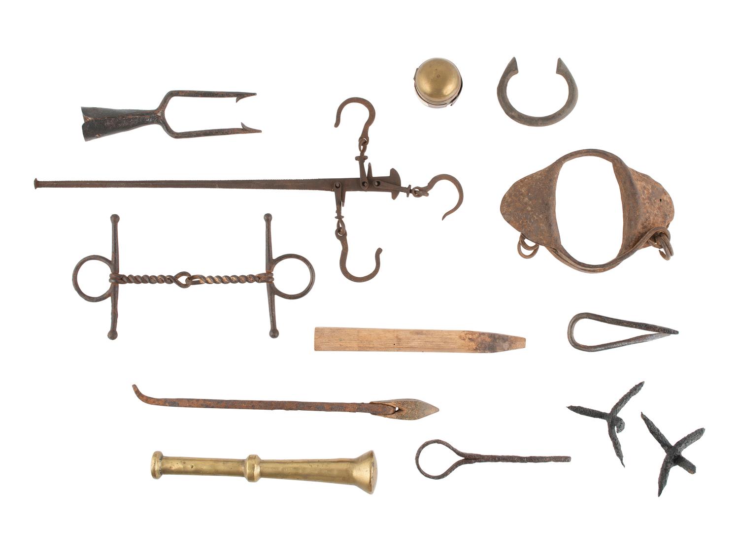 [MILITARIA]. Colonial-era caltrops and other relic condition artifacts, mostly 19th century.