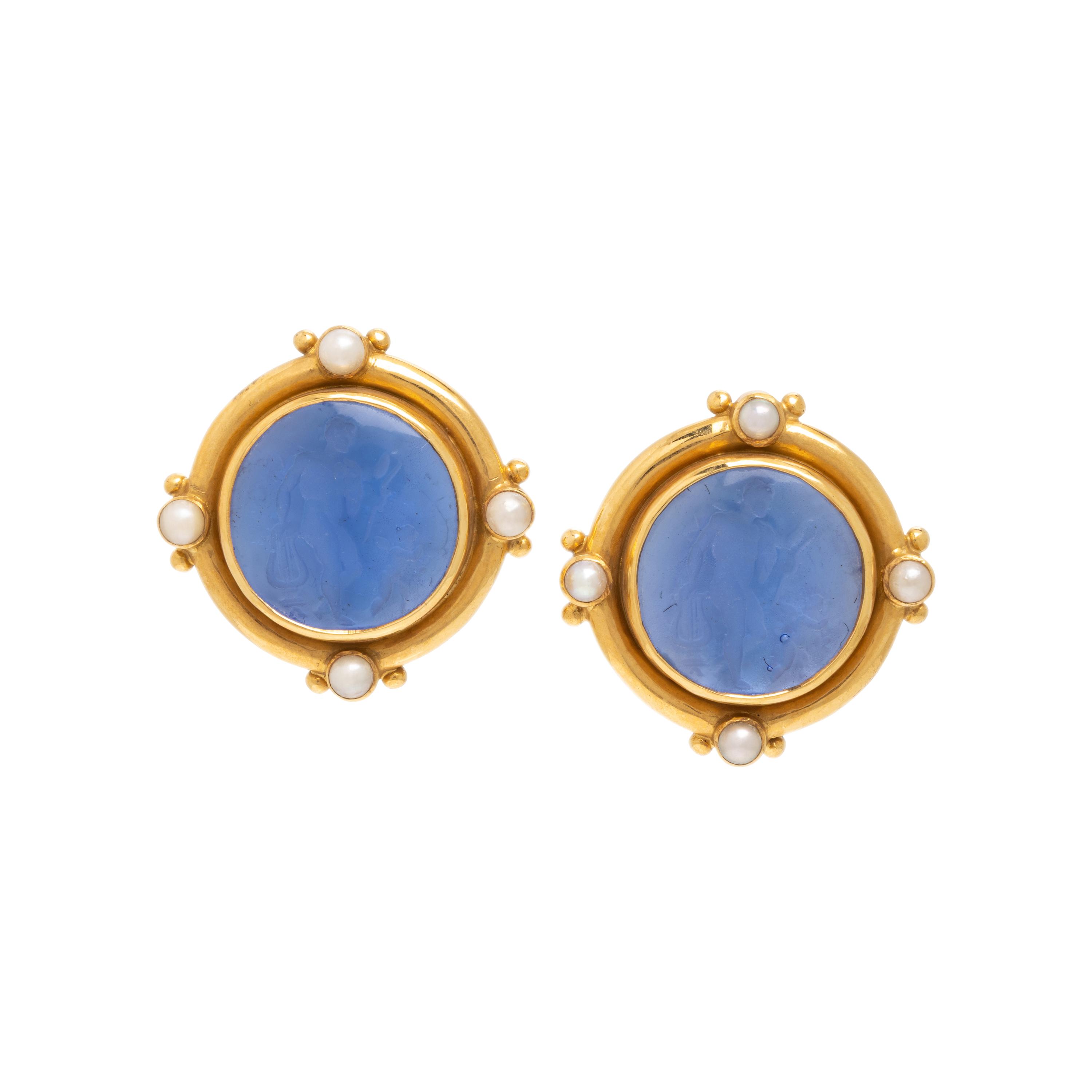 Elizabeth Locke, Venetian Glass Intaglio, Cultured Pearl, and Yellow Gold Earrings
