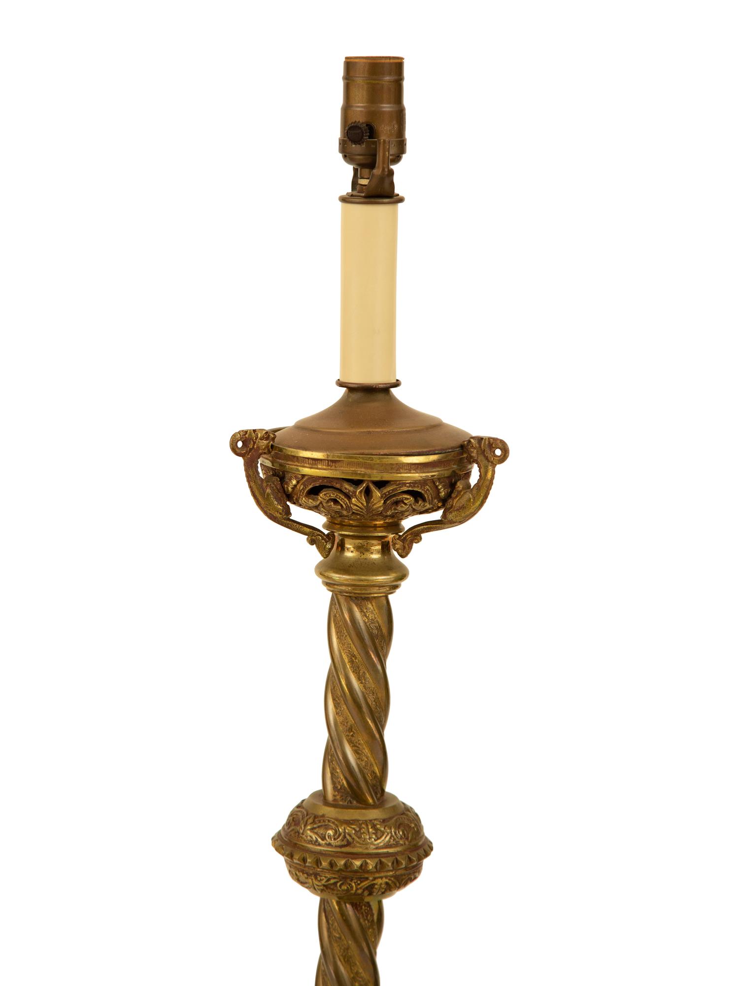 A Pair of Baroque Style Patinated Brass Pricket Sticks Mounted as Lamps