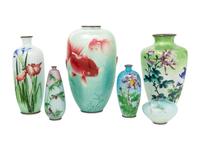 Six Japanese Green-Ground Ginbari Cloisonné Vases