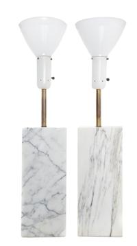 A Pair of Marble Table Lamps Height 35 1/4 inches (with shade).